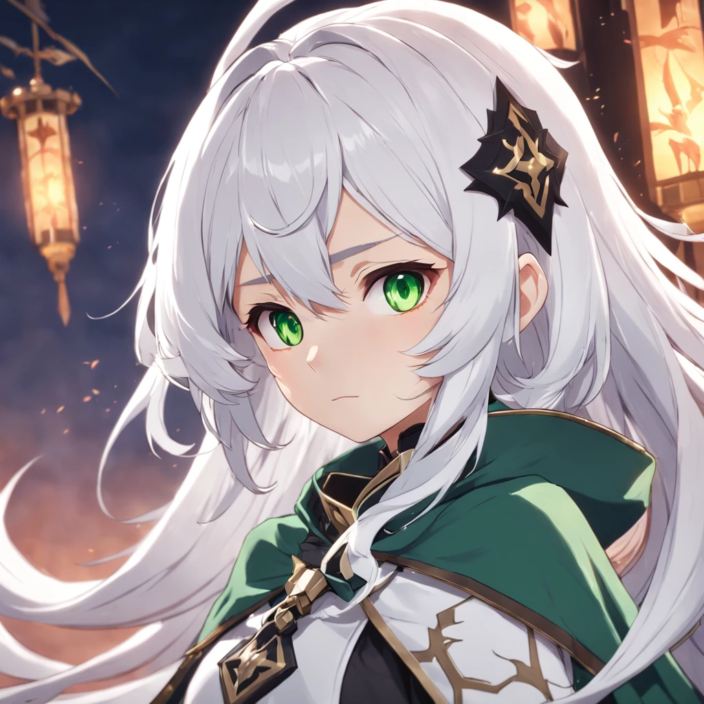 Nahida_Genshin,(White hair),cross-shaped pupils,default_,Green cape,