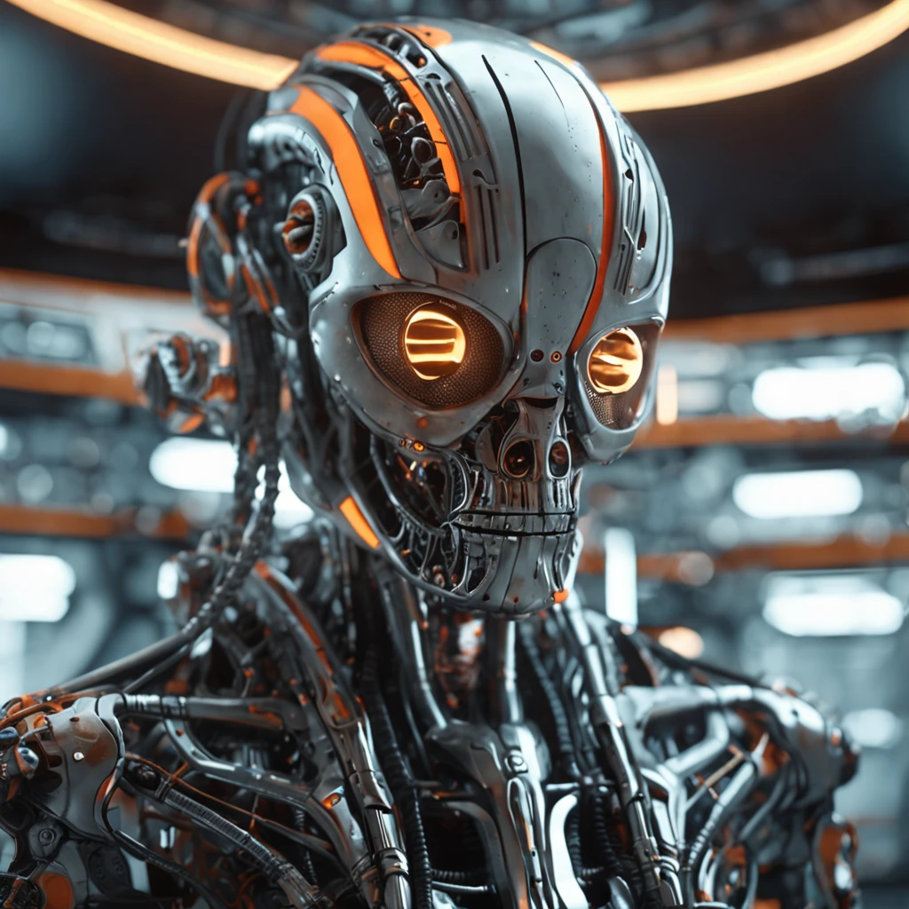 realistic 3d octane render of a closeup of a giger designed cyborg, the color scheme is white, black, orange. The cyborg is inhabiting a clean engineering room, soft box lighting