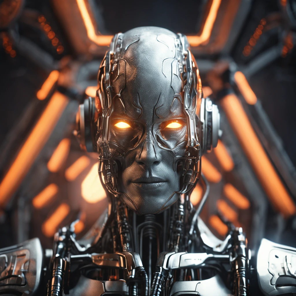 realistic 3d octane render of a closeup of a giger designed cyborg, the color scheme is white, black, orange. The cyborg is inhabiting a clean engineering room, soft box lighting