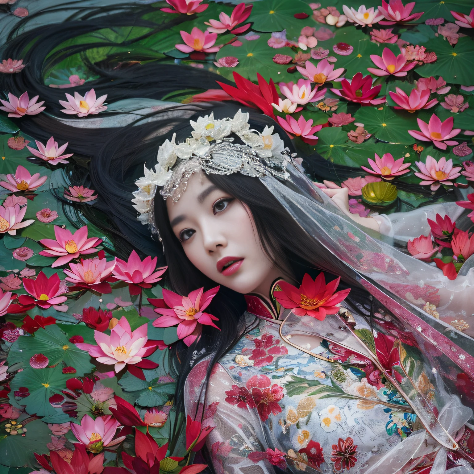 32K（tmasterpiece，k hd，hyper HD，32K）Long flowing black hair，ponds，zydink， a color，  Xuzhou people （Seduce girls）， （Red scarf in the snow）， Combat posture， looking at the ground， long whitr hair， Floating hair， Carp pattern headdress， Chinese long-sleeved silver cheongsam， （Abstract gouache splash：1.2）， Pink petal background，Pink and white lotus flowers fly（realisticlying：1.4），Black color hair，Fallen leaves flutter，The background is pure， A high resolution， the detail， RAW photogr， Sharp Re， Nikon D850 Film Stock Photo by Jefferies Lee 4 Kodak Portra 400 Camera F1.6 shots, Rich colors, ultra-realistic vivid textures, Dramatic lighting, Unreal Engine Art Station Trend, cinestir 800，Long flowing black hair，see-through transparent clothes