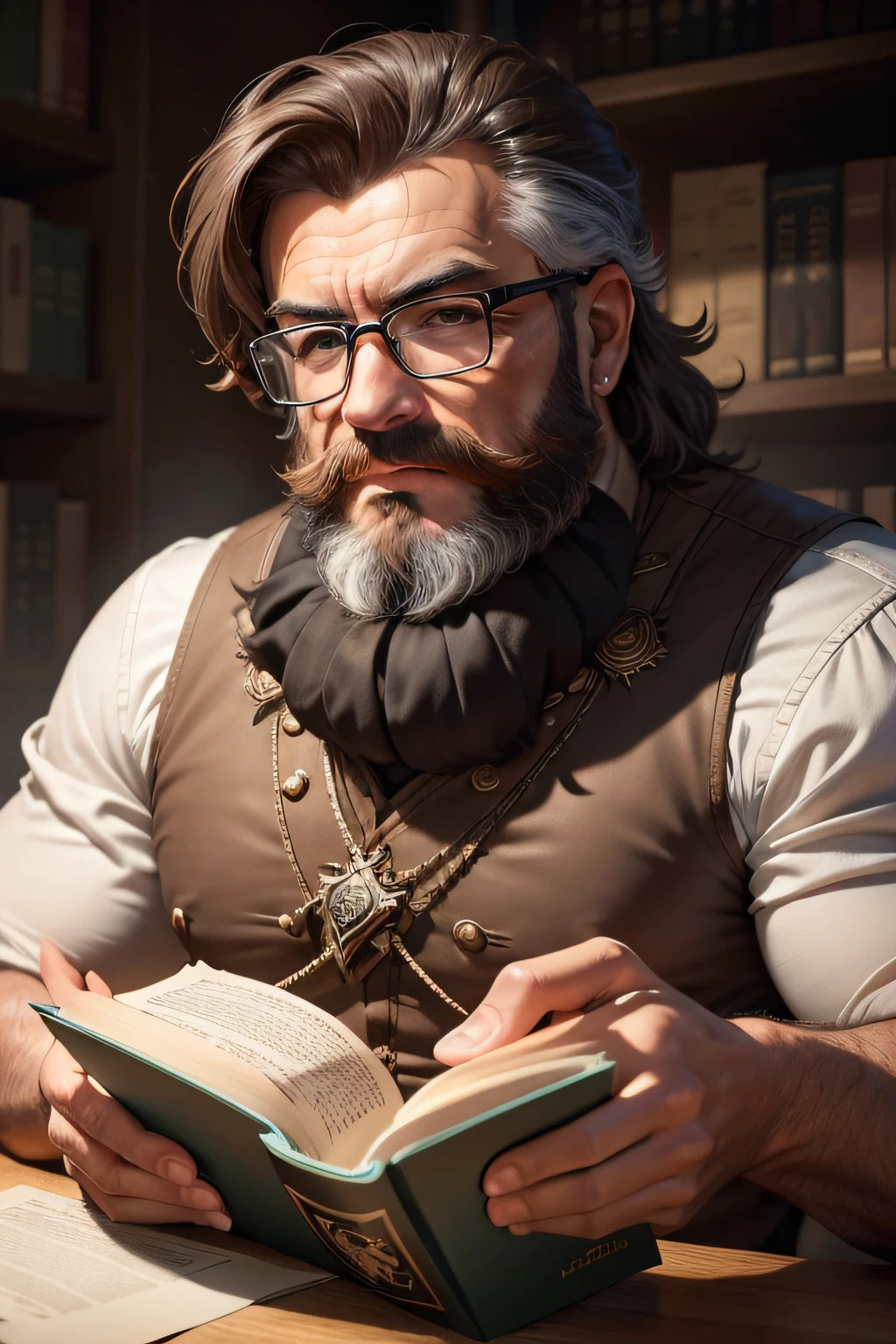um velho barbudo mas com rosto gentil sentado numa cadeira rodeado de livros em cima da mesa