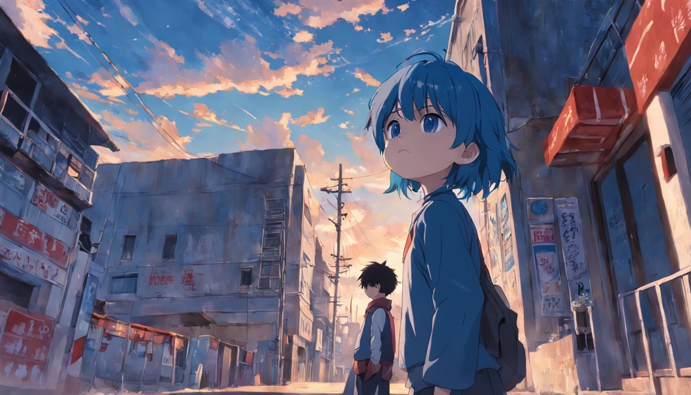 two boys men of 14 and A boy of 15 years goes up to the terrace of his school when Llkega finds another boy with blue hair and no clothes