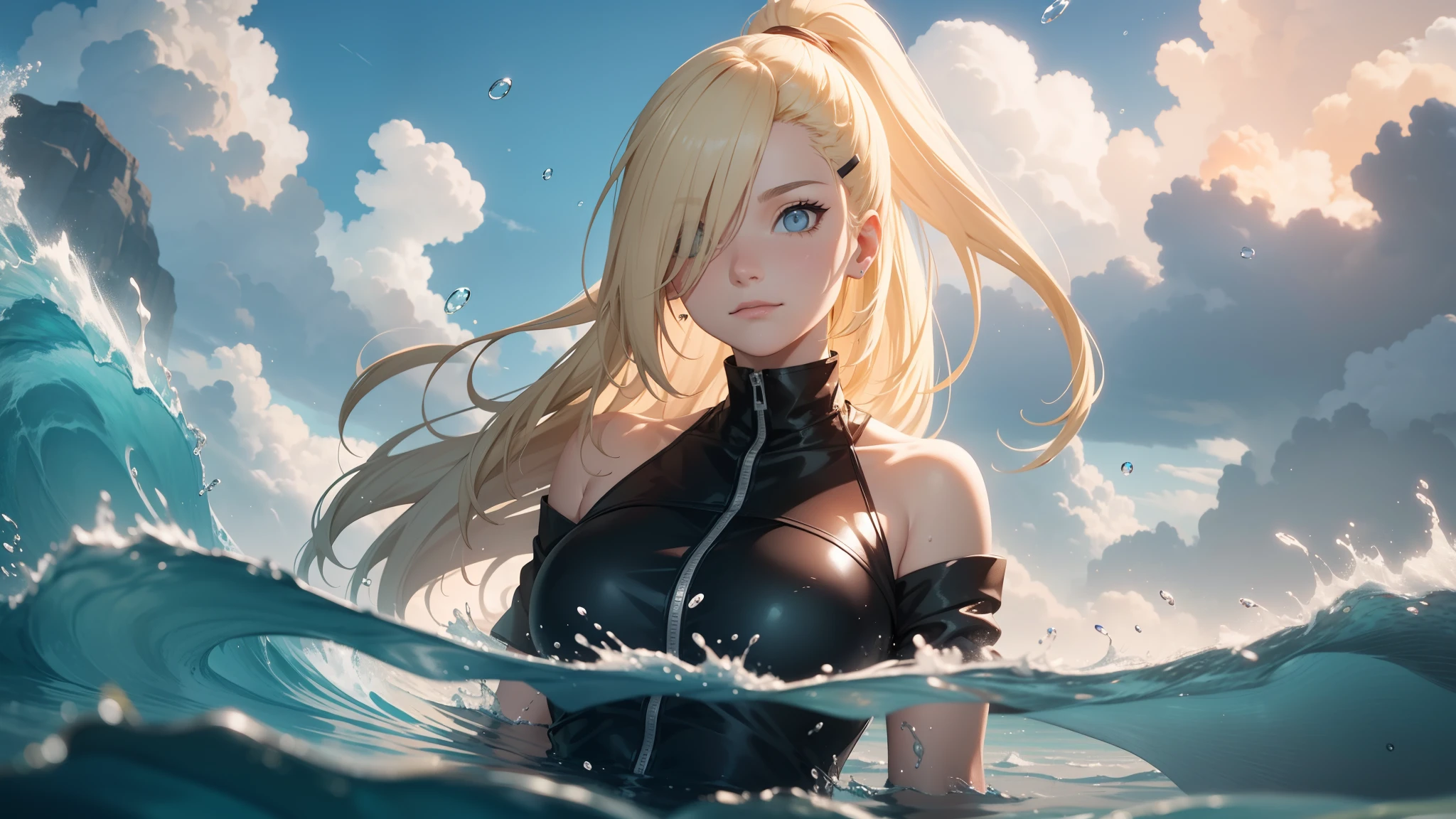 "the Extremely Detailed CG Unity 8K Wallpapers,tmasterpiece,Best picture quality,【😊Colored Forest,depth of fields,Lots of splashing droplets:1.2,petals,Toys surround,ventania,Foliage,grassy fields,volumettic light】blond hairbl,Be red in the face,ssmile,Half of your body is in water,naruto,Ino,Off-the-shoulder attire,bangs cover one eye,fat,looks into camera,sea beach,swim wears,clouds,sandbeach,