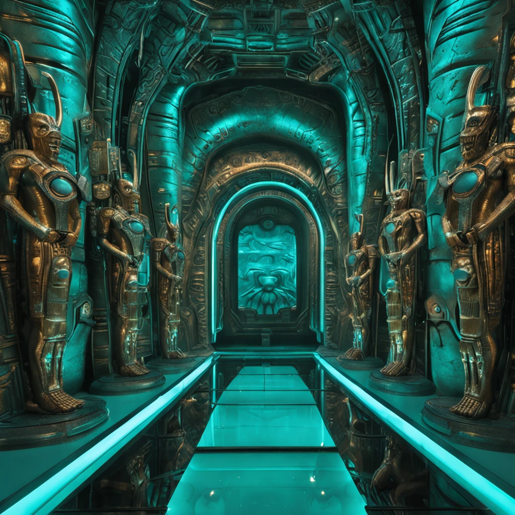 'HR Giger' in the hyper-detailed setting of a lavish art museum exhibition, very texture-rich surfaces, analogue filmmaking, light turquoise and gold, superheroes, focus stacking, moody lighting, multiple screens