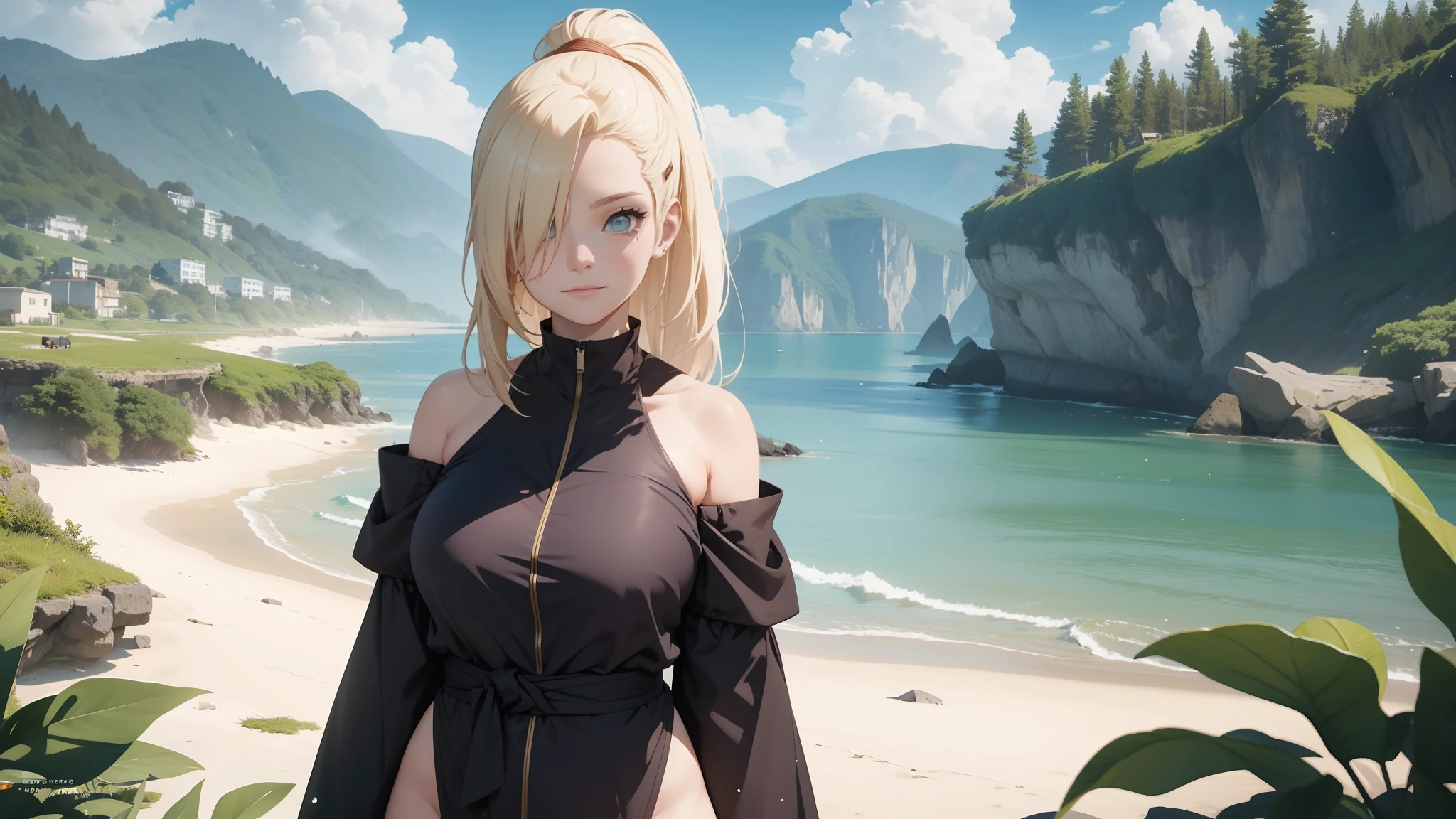 "the Extremely Detailed CG Unity 8K Wallpapers,tmasterpiece,Best picture quality,【😊Colored Forest,depth of fields,Lots of splashing droplets:1.2,petals,Toys surround,ventania,Foliage,grassy fields,volumettic light】blond hairbl,Be red in the face,ssmile,Half of your body is in water,naruto,Ino,Off-the-shoulder attire,bangs cover one eye,fat,looks into camera,sea beach,swim wears,clouds,sandbeach,