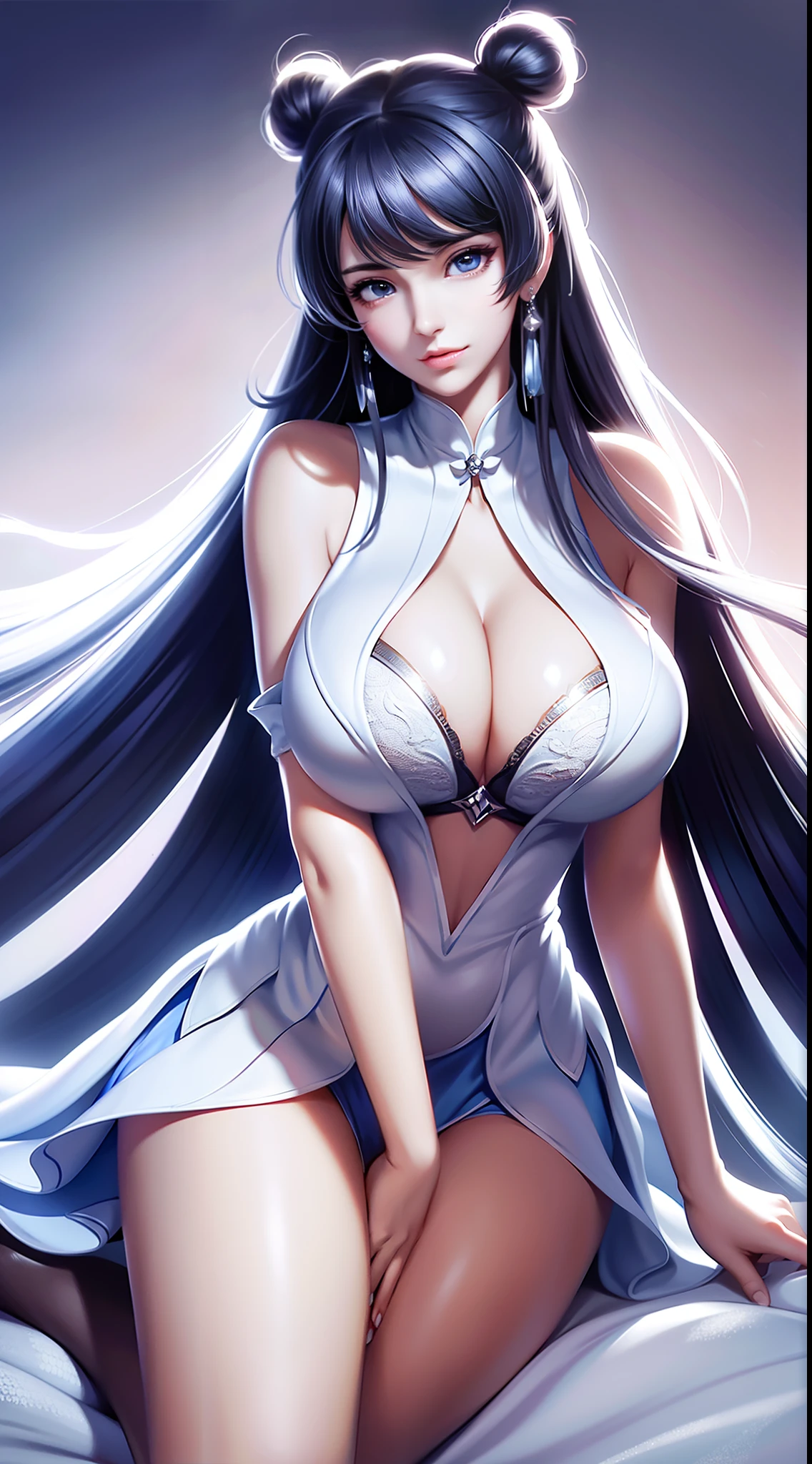 tmasterpiece,Need,Works of masters,best qualtiy,Highest high resolution,16K,The most intricate details,great clarity,(((A girl))),black color hair,Smart eyes,large ear,exquisite facial features,lipsticks,Wear a white tulle dress,鎖骨,(((Clearly visible cleavage))),huge tit,Snow-white thighs,perfect bodies,inside in room,is shy,adolable,prette,Above thighs,best illuminate,softlighting,The best gaffer,realisticlying,(((Perfect detailing))),