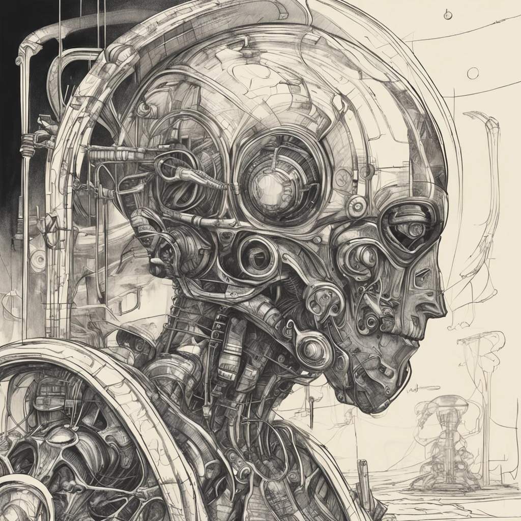 futuristic, space scifi, mechanical person, surrealist sketch, in the style of Hans Ruedi “H.R.” Giger