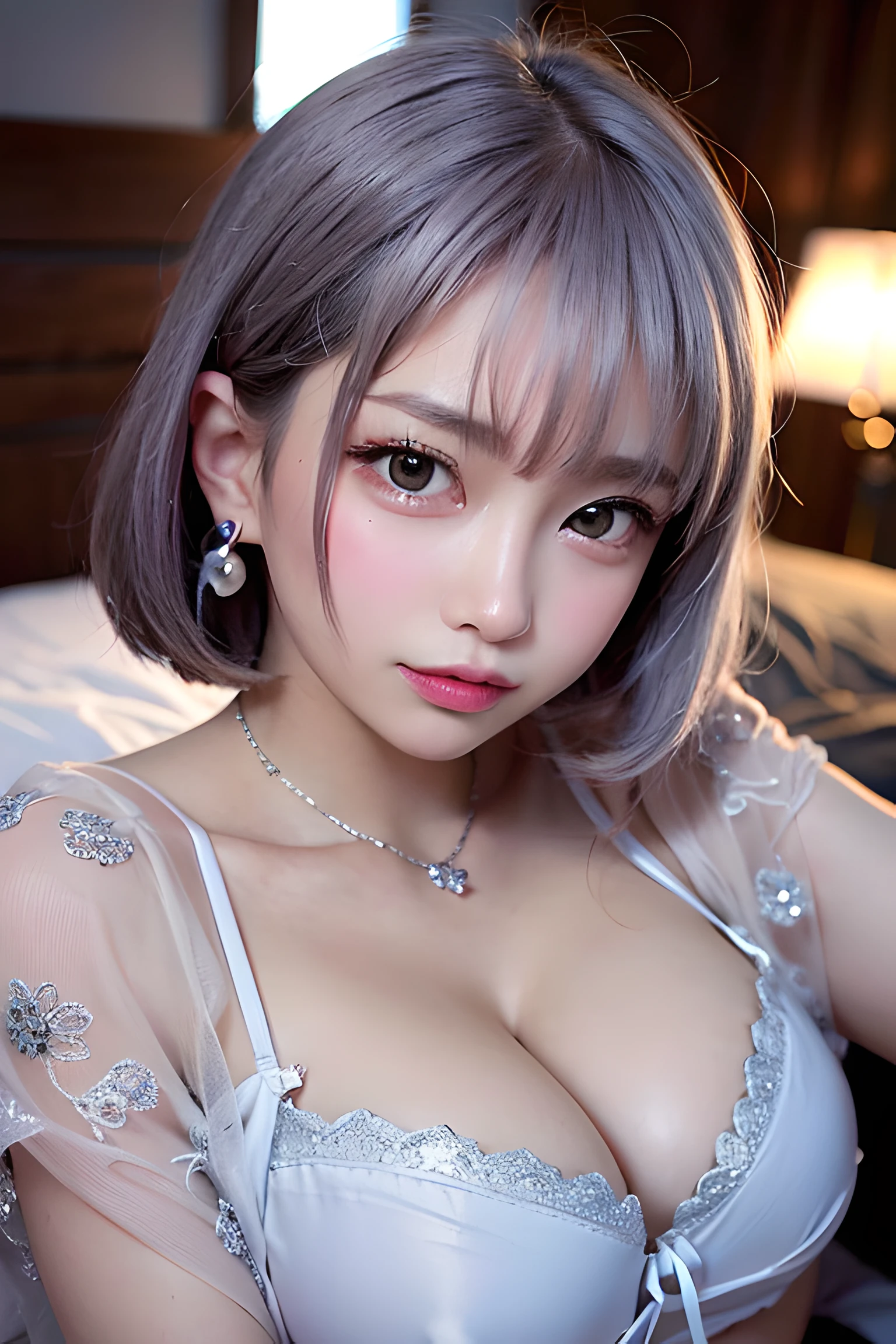 ((Cover your chest with your hands ,No top)),Pouting slightly,The back exposes the buttocks,Lie down exposed,lying down,Butt up,Hands and feet apart,Soft sunken bed,table lamp,((tmasterpiece)),on back,Naked,(No top|The quilt covers the upper body:0.5)(realisticlying:1.2) tmasterpiece, best qualtiy, high high quality, absurderes, rich colourful, stunning art, best qualtiy, ultra - detailed, beautifuldetails, reflective hair, Good lighting, Ray traching, depth of fields, ultra - detailed, illustratio, astounding, finedetail, The is very detailed, ((ultra - detailed)), (Beautiful Meticulous Girl), Beautiful detail glow, Complicated details, A high resolution, Extremely refined and beautiful, beatiful detailed eyes, hdr, Round eyes, detailedfacialfeatures, (Round pupils:1.4) (illustratio), (美丽细致的眼睛), (very vey very detailed face)), depth of fields, (alluring face), (evilsmile:1.3), parted lip, (looking at viewert:1.1), closeup cleavage, wide wide shot, Side Body, photore, lewd poses , Moody light, Sistine Phil Beldev,, leges, ssmile, daysies,(((tmasterpiece,Best quality,A high resolution)))),Extremely detailed 8K,Beautiful girl with busty body,(hyper HD,ultra - detailed,High detail,high realistic,Ultra-realistic,Photo realism),(1girll:1.5),(realistic dark hair),Short curly hair,Bob cuts hair,(Dynamic posture),Face the camera,A shallow smile,Open lips,Light blue eyes,Average chest,乳溝,(Beautiful and detailed face,Beautiful and delicate eyes),sweat leggs,luminous,(Sunlight,Sunlight),(Beautiful buttocks 0.5),Cover your chest with only your hands,hips bare,,Large-rim glasses,earring,Pink sexy yarn,(Black sexy lingerie、Black openwork underwear、Transparent embroidered tulle underwear set)Lace pantyhose、Lace gloves、Wedding headscarf、pearls necklace,Bridal bandana,(toppless)Very small panties((Twine crotch knot))(Place your hands behind your head to tie the knot)Only the genitals are covered,Moles under eyes, ((Gray-blue hair,Headbands,Headband)),Crystal glowing necklace,It is raining outside the floor-to-ceiling windows,misterious。