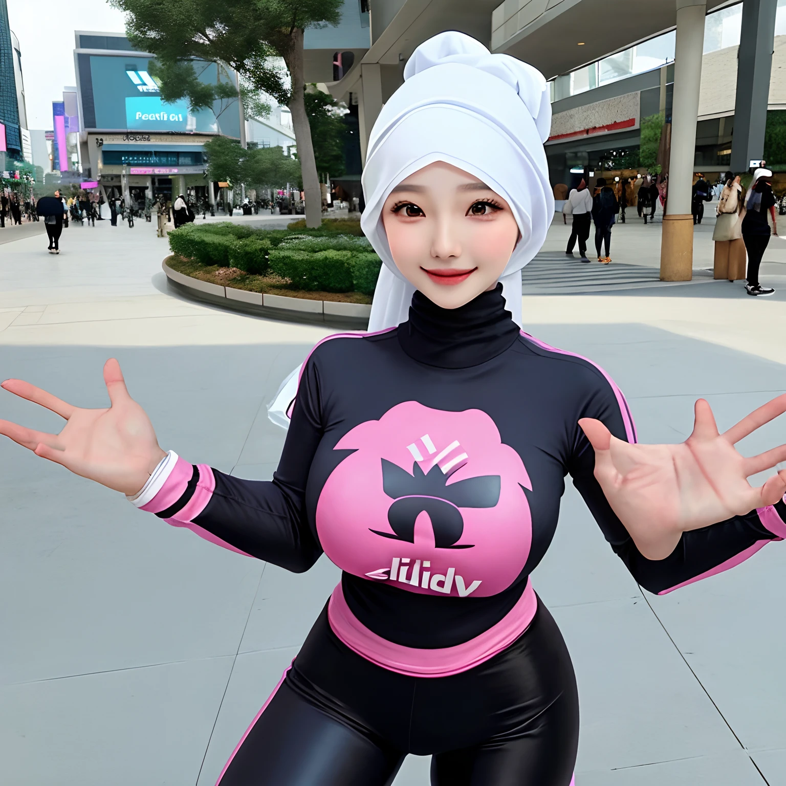Hijab,realistic,kpop idol,girl,korean girl,sexy,beautiful,he tall,super big breast,(P cup),happy and smile very detailed face,Adidas tight t-shirt,short hijab,and long tight pants outfit,sexy pose standing in mall street
