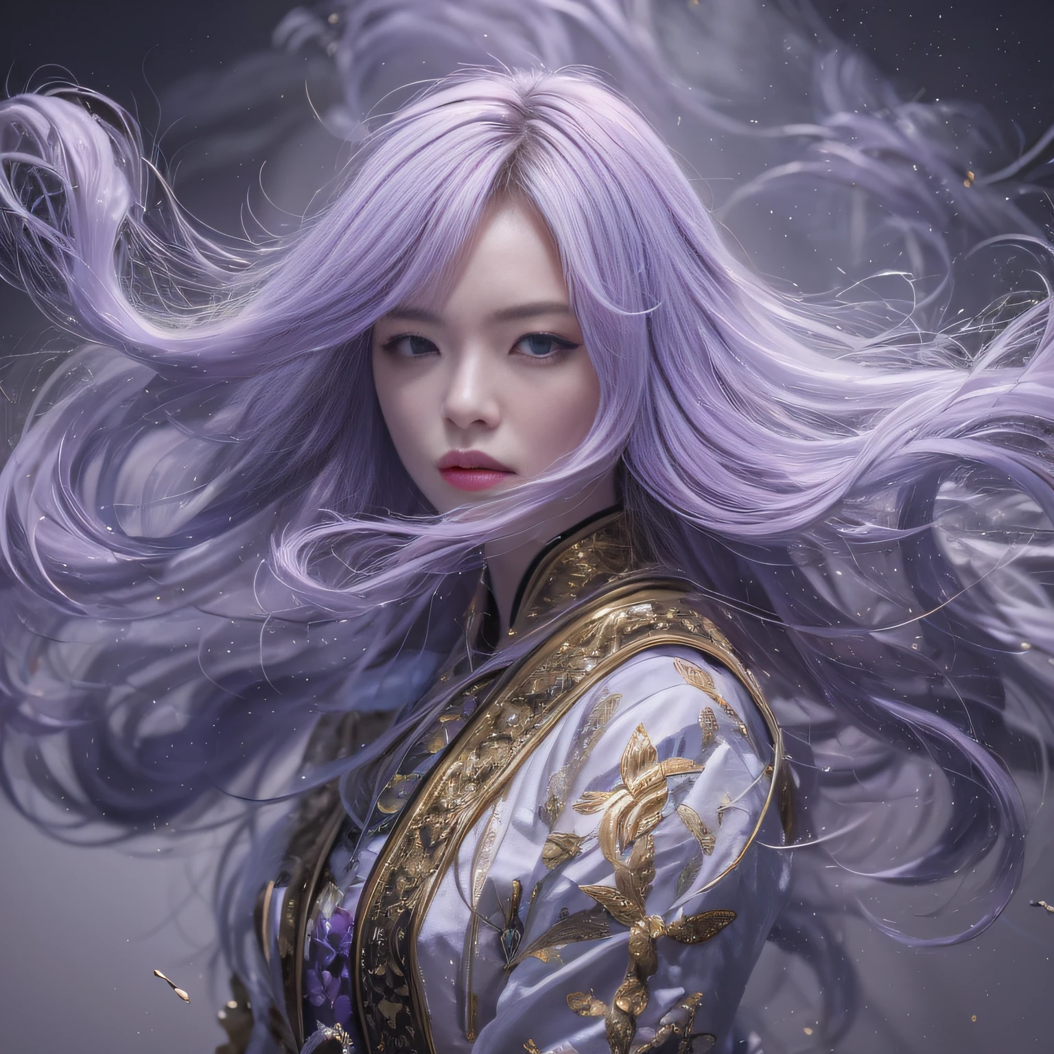 32K(tmasterpiece,k hd,hyper HD,32K)Long flowing lilac hair,Back basement,zydink, a color, Xuzhou people (Raised sexy), (Ivory white silk scarf), Combat posture, looking at the ground, long whitr hair, Floating cloves, Fire cloud pattern light gold headdress, Chinese long-sleeved gold silk garment, (abstract ink splash:1.2), smoky background,Lotus protector(realisticlying:1.4),lilac purple hair,Fog on the road,smoke in the background, A high resolution, the detail, RAW photogr, Sharp Re, Nikon D850 Film Stock Photo by Jefferies Lee 4 Kodak Portra 400 Camera F1.6 shots, Rich colors, ultra-realistic vivid textures, Dramatic lighting, Unreal Engine Art Station Trend, cinestir 800,Long flowing lilac hair,Light transparent clothes
