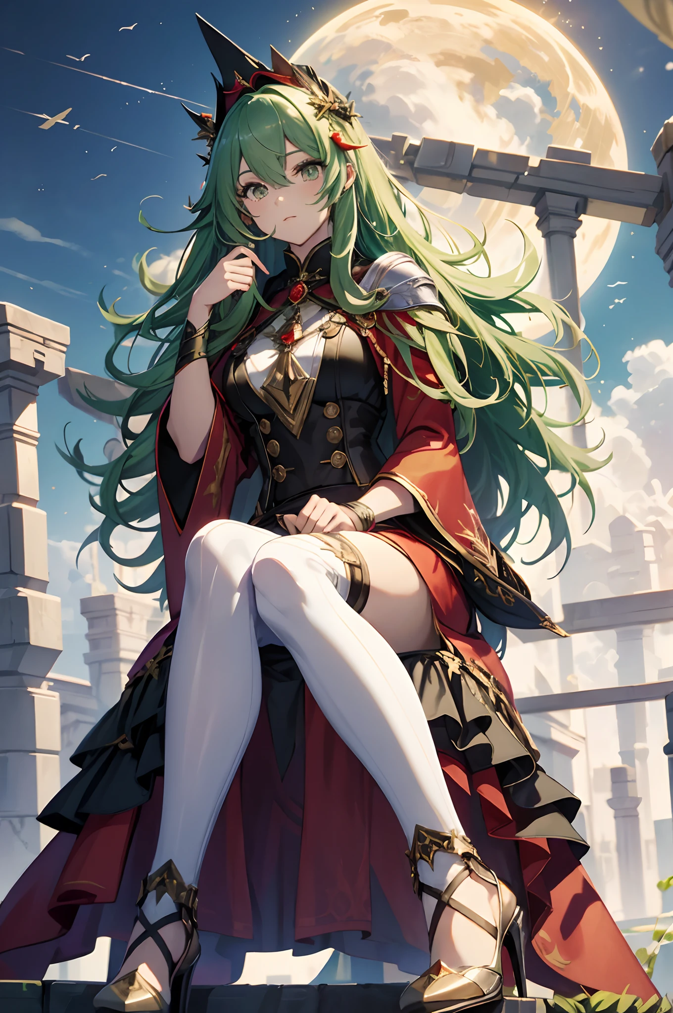 best qualityer,tmasterpiece,Ultimate resolution,downy,Extremely colorful,Colorful,Skysky,hilltop,(Red magic robe long dress),Long flowing green hair,The Witch,a matural female,red high heel pumps,Sit on a magical broom,flight,Normal posture