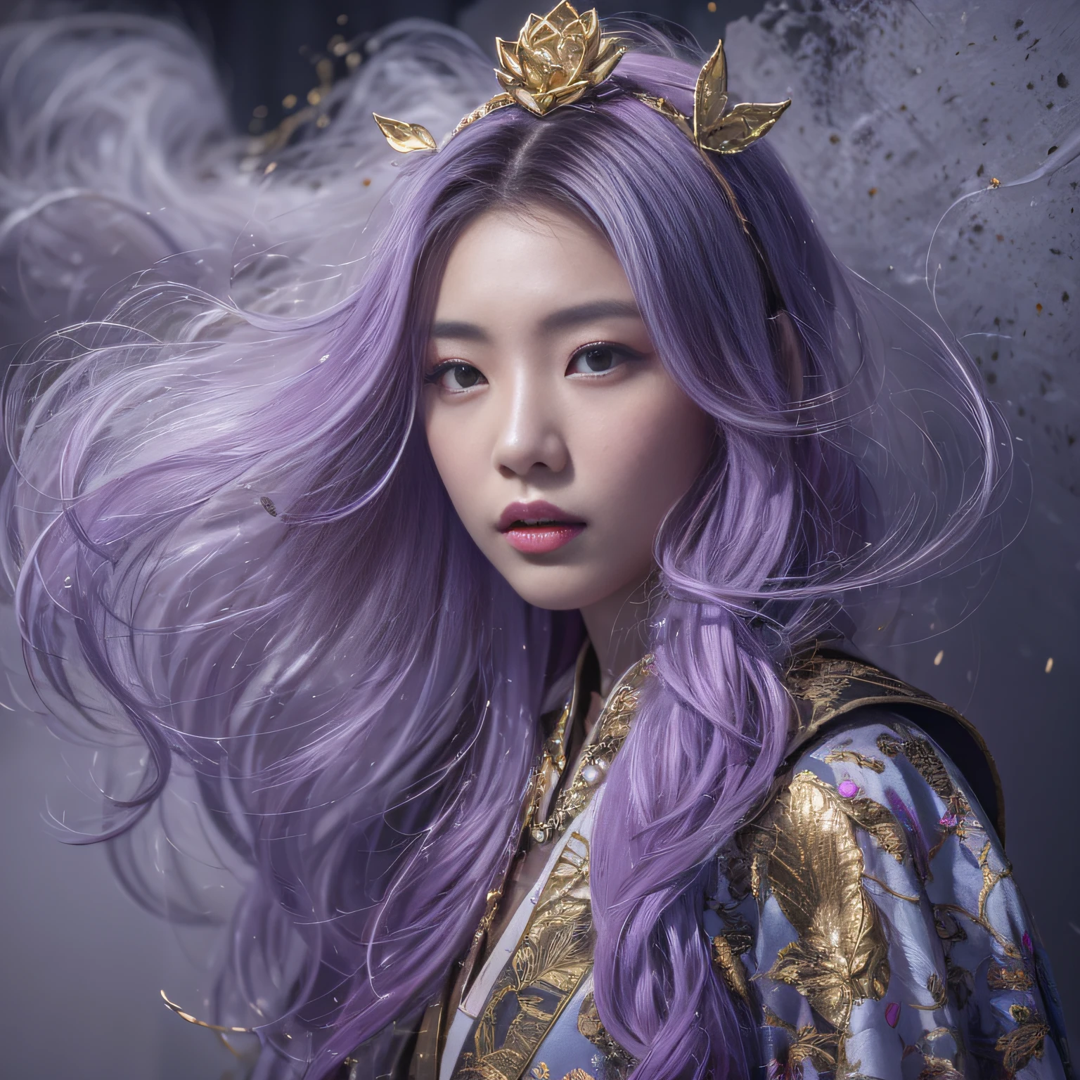 32K(tmasterpiece,k hd,hyper HD,32K)Long flowing lilac hair,Back basement,zydink, a color, Xuzhou people (Raised sexy), (Ivory white silk scarf), Combat posture, looking at the ground, long whitr hair, Floating cloves, Fire cloud pattern light gold headdress, Chinese long-sleeved gold silk garment, (abstract ink splash:1.2), smoky background,Lotus protector(realisticlying:1.4),lilac purple hair,Fog on the road,smoke in the background, A high resolution, the detail, RAW photogr, Sharp Re, Nikon D850 Film Stock Photo by Jefferies Lee 4 Kodak Portra 400 Camera F1.6 shots, Rich colors, ultra-realistic vivid textures, Dramatic lighting, Unreal Engine Art Station Trend, cinestir 800,Long flowing lilac hair,Light transparent clothes