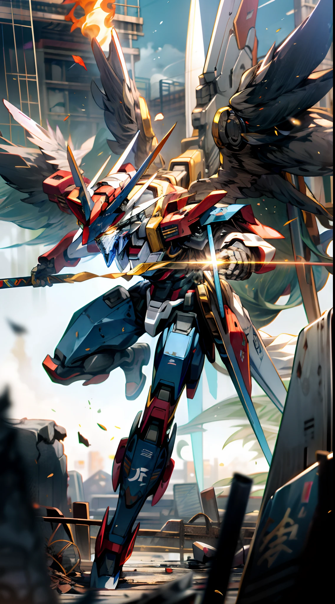 surrealism, Ray tracing, hyper HD, High details, 8K, Best quality, Textured skin，Gundam Mech，Dragon wings，tmasterpiece，best qualtiy，mechs，A teenager levitates in the air，（full bodyesbian），（Black Mech：1.5），（轴对称：1.4），（hdr），（cinematric light：1.1），White eyes，Cool,scientific fiction，firey，Don Dao，karo，conflict，Background of the destroyed city with a Tang knife，（Armed with a huge weapon：1.5），Mecha male，