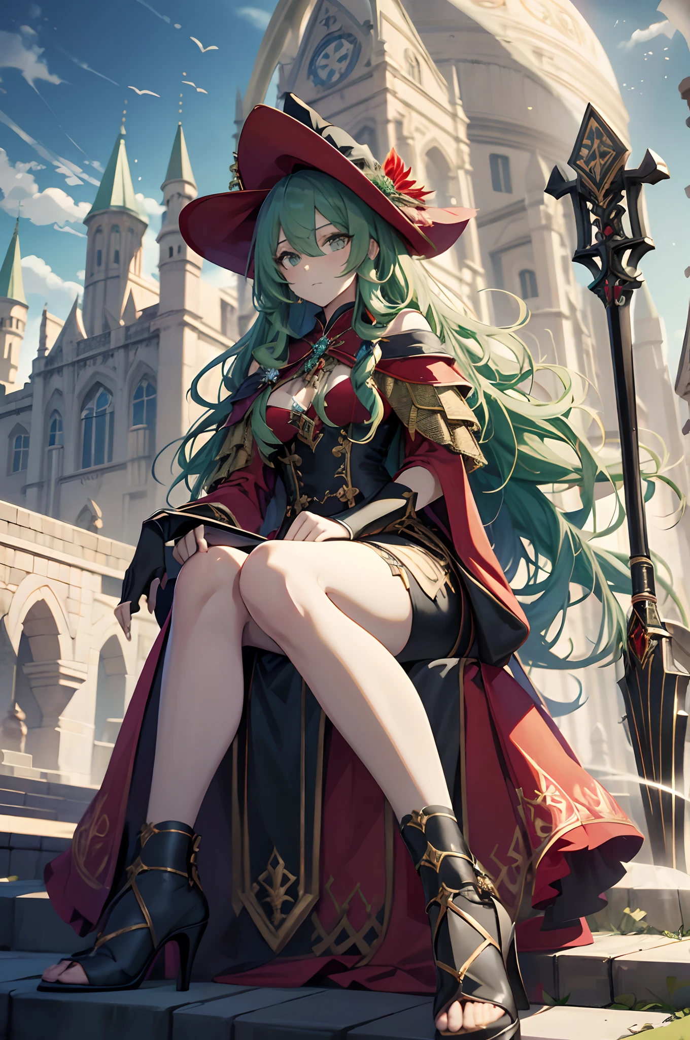best qualityer，tmasterpiece，Ultimate resolution，downy，Extremely colorful，Colorful，Skysky，hilltop，（Red magic robe long dress），Long flowing green hair，The Witch，a matural female，red high heel pumps，Sit on a magical broom，flight，Normal posture