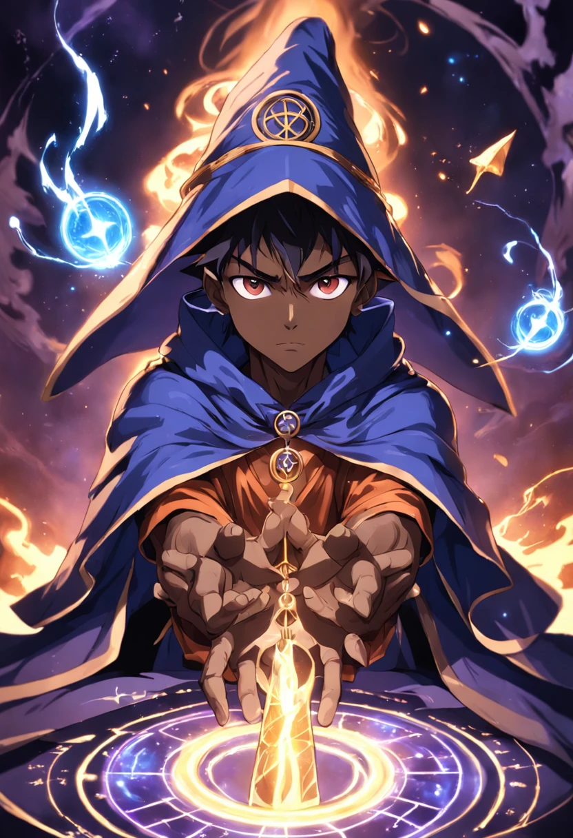 anime style, anime, ((wizard)), ((mage robes and hat)), mature male, toned, ((wizard male)), 1boy, Masterpiece, absurdres, fine detail, HDR, solo, upper body, charming expression, ((dark skin)), magic runes surrounding him, magic circle in background,
