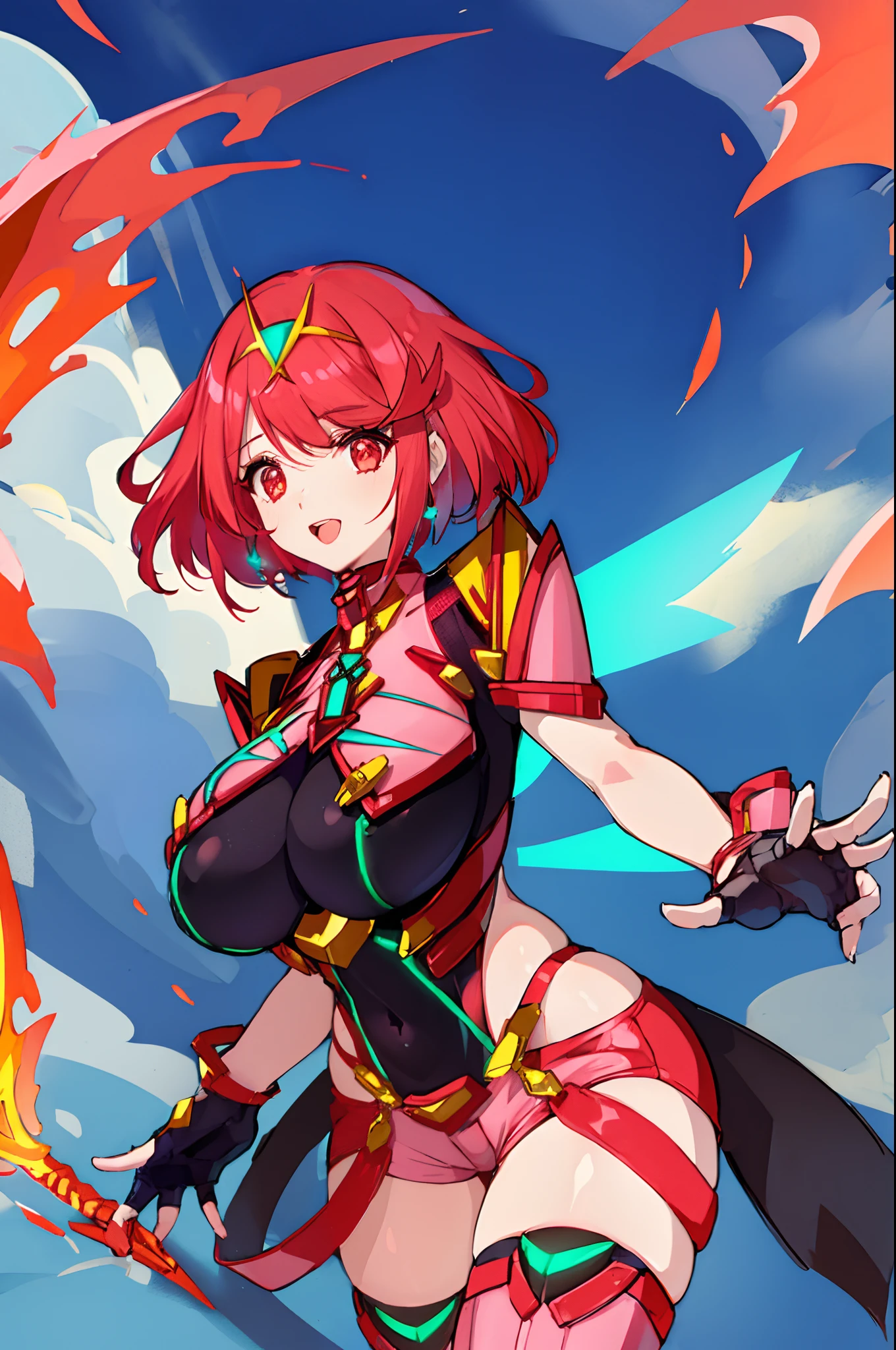 pyra \(xenoblade\), teen_1girl, ****, armor, bangs, black gloves, breasts, red eyes, closed mouth, earrings, eyelashes, fingerless gloves, floating hair, framed breasts, gem, gloves, hair ornament, headpiece, jewelry, big_breasts, leaning back, leotard, neon trim, official art, pose, red hair, red shorts, saitou masatsugu, short hair, short shorts, short sleeves, shorts, sidelocks, skin tight, solo, standing, swept bangs, thighhighs, tiara, night_prairie_background, turtleneck, underbust, vambraces, xenoblade chronicles \(series\), (xenoblade chronicles 2), apart_legs, fire_effect,dynamic_pose,fighting,light_smile, (plump:1.1), big_ass,huge_sword, hold_large_sword_hilt, solo, covered_nipples, covered_pussy,open_mouth,back_view, fists,