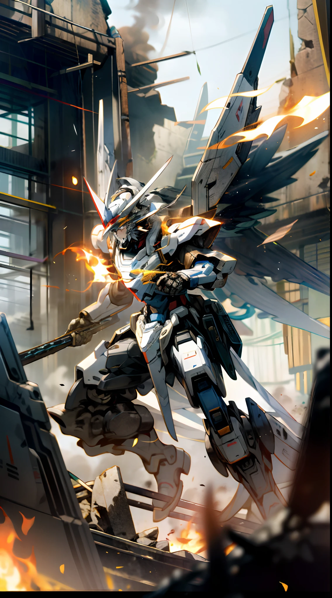 surrealism, Ray tracing, hyper HD, High details, 8K, Best quality, Textured skin,Gundam Mech,Dragon wings,tmasterpiece,best qualtiy,mechs,A teenager levitates in the air,(full bodyesbian),(Black Mech:1.5),(轴对称:1.4),(hdr),(cinematric light:1.1),White eyes,Cool,scientific fiction,firey,Don Dao,karo,conflict,Background of the destroyed city with a Tang knife,(Armed with a huge weapon:1.5),Mecha male,