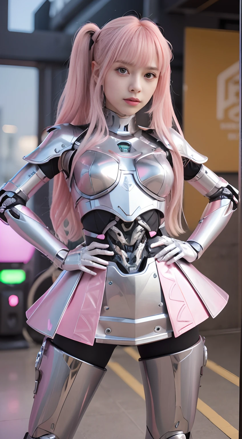 Arad woman in silver and pink poses for a photo, girl in mecha cyber armor, Armor Girl, cyber japan armor, cyber japan style armor, slick pink armor, gynoid cyborg body, anime robots, Streamlined pink armor, perfect anime cyborg woman, shiny plastic armor, Mechanized Valkyrie girl, Biomechanical OPPAI, anime mech armor,Yellow hair,ultra HD picture quality
