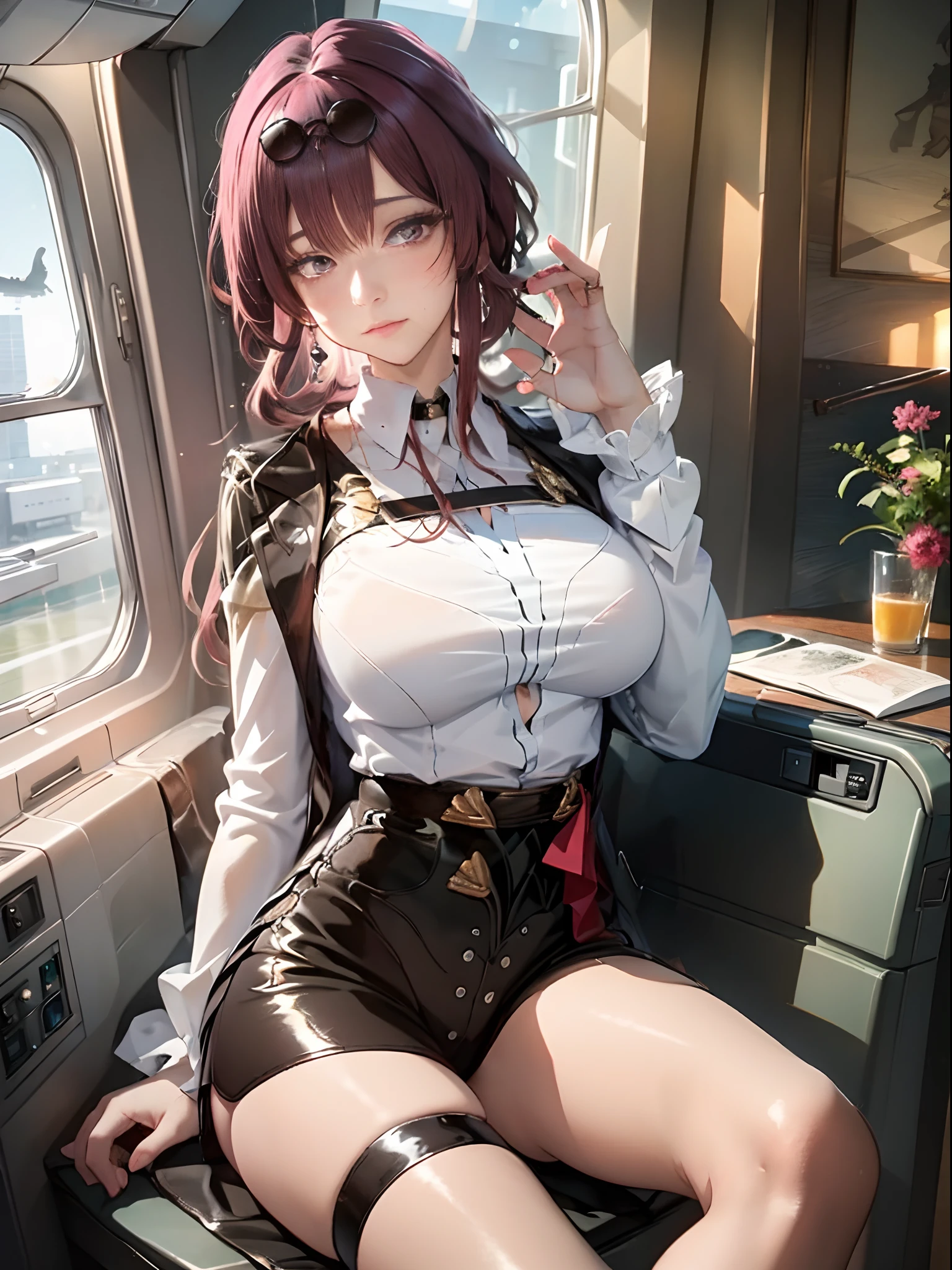 (Enrich the picture,Masterpiece level quality)Beautiful 8K CG artwork,Goddess-like posture,Sitting in the cabin of an airplane,Postural exercises,Slim and soft,Translucent skin,Red hair、The beauty of extra-long hair, Super Long Straight Hair,The skin is fair and juicy,Underwear miniskirt uniform,Perspective Part 1.2x enhanced silhouette effect,Exquisite transparent blues pattern in pajamas,The details are intricate and exquisite,The background is slightly blurred,Charming and lustful leg seduction,Drool,K cup big breasts,Blush,Japan goddess,Perfect body slim curves,Cabin scene,Lace panties can be seen,spread their legs,