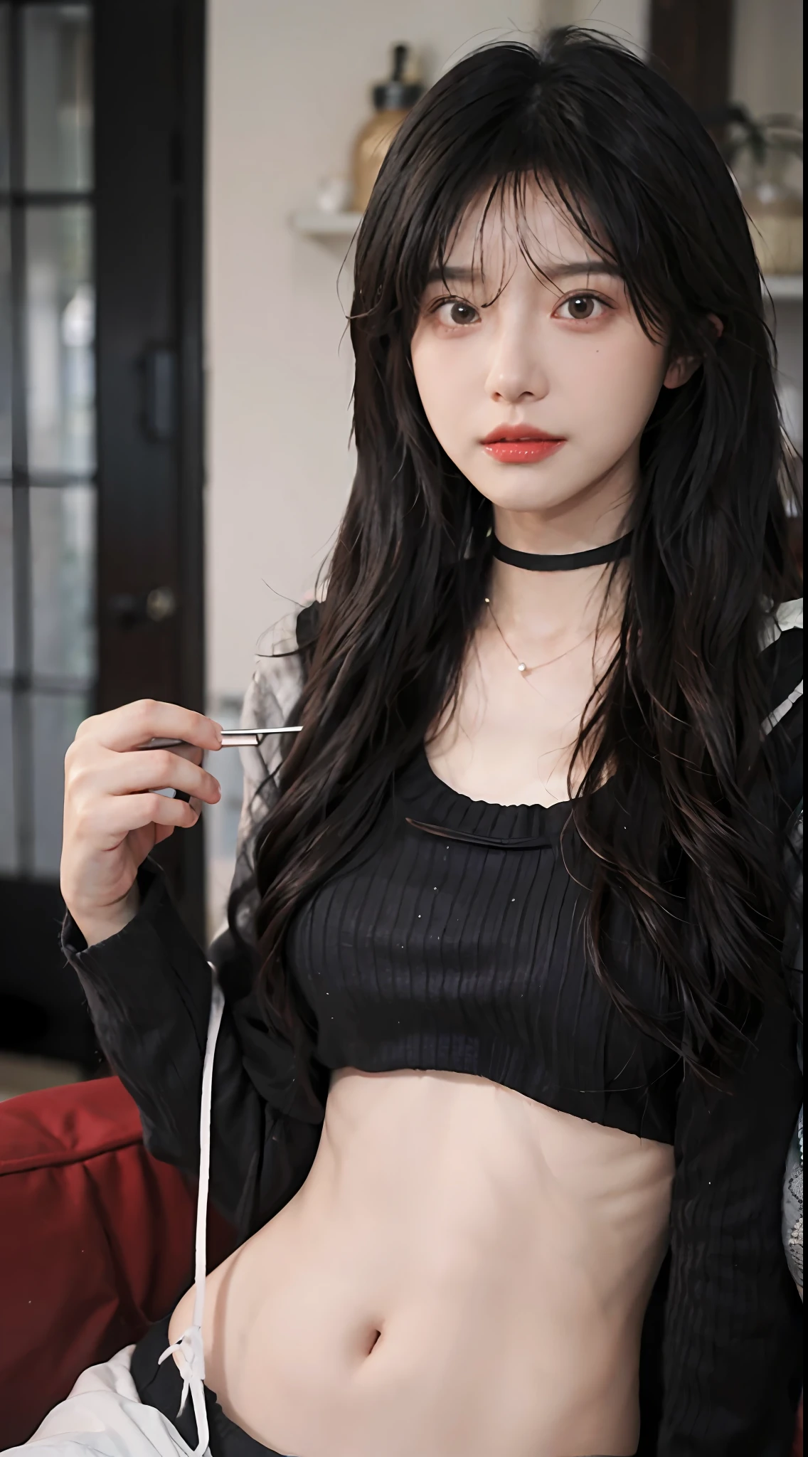 best qualtiy, 超高分辨率, (realisticlying:1.4),cute hairpin,1girll,Red long-haired,Long black sweater ,Beautiful woman with a slim figure:1.4, Pronounced abs:1.4, On the island,Ultra-fine face,Elaborate Eyes,二重まぶた,choker necklace