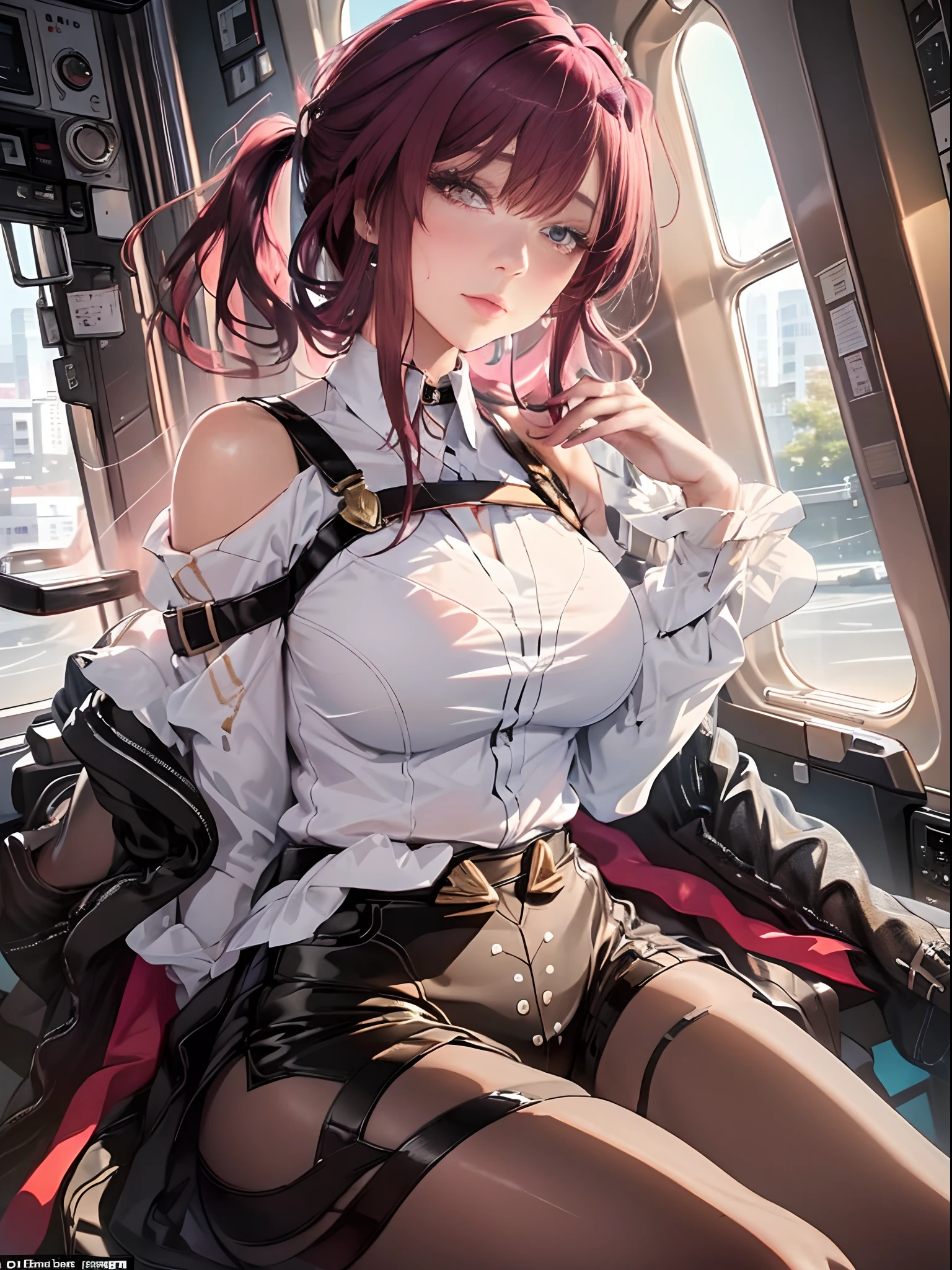 （Enrich the picture，Masterpiece level quality）Beautiful 8K CG artwork，Goddess-like posture，Sitting in the cabin of an airplane，Postural exercises，Slim and soft，Translucent skin，Red hair、The beauty of extra-long hair, Super Long Straight Hair，The skin is fair and juicy，Underwear miniskirt uniform，Perspective Part 1.2x enhanced silhouette effect，Exquisite transparent blues pattern in pajamas，The details are intricate and exquisite，The background is slightly blurred，Charming and lustful leg seduction，Drool，K cup big breasts，Blush，Japan goddess，Perfect body slim curves，Cabin scene，Lace panties can be seen，spread their legs，