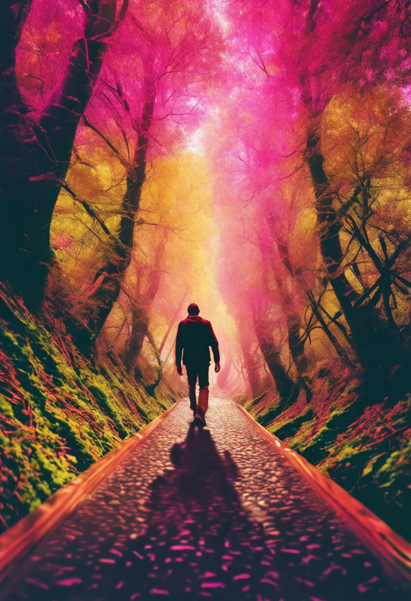 man and woman. no clothes. walking in a path. absurdres, highres, ultra detailed, (no human:1.3), BREAK , Create an image using a prism effect, with light refracting and creating a colorful, kaleidoscopic appearance. BREAK , Design an image with a fisheye lens effect, capturing a wide field of view with a distinctive, curved perspective. BREAK , Capture a forest path, with towering trees, dappled sunlight, and a sense of tranquility and natural beauty. BREAK , Illustrate a monochromatic world, using only shades of black, white, and gray to convey depth, emotion, and a striking visual impact.