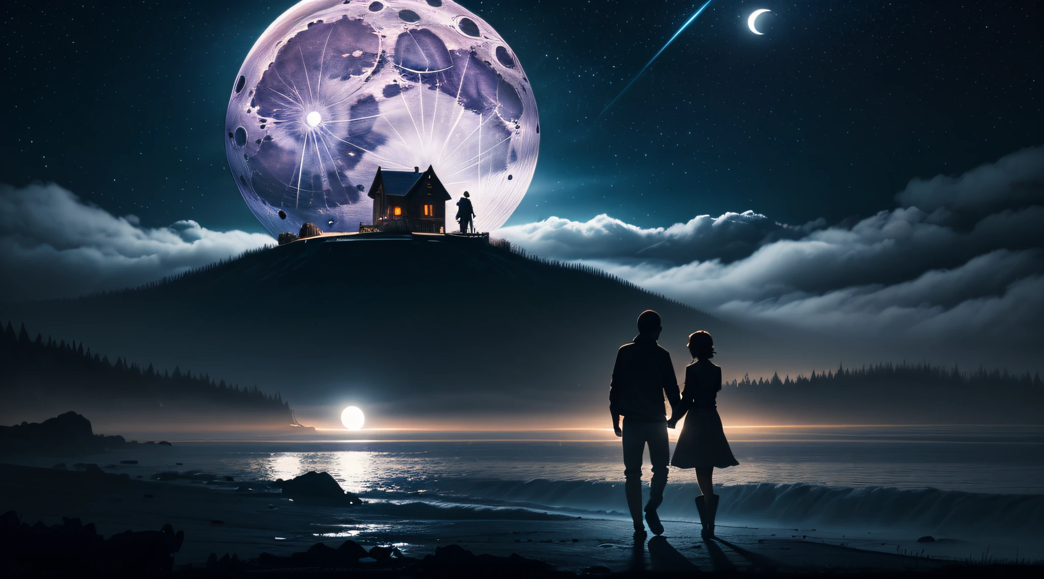 (Under a huge moonlight:1.5), A couple holding hands, Many starlight, (ultra-detailed:1.5), 32k, cinematic angle, floating, (detailed light), beautifully detailed sky, starry sky, (lighting particle), fog, snow, (painting), (sketch), lifelike texture, Hires upscale: 1.7, Hires upscaler: 4x_NMKD-Siax_200k, Denoising strength: 0.45, (illustration), cinematic lighting, (bloom), Luminism, silhouette