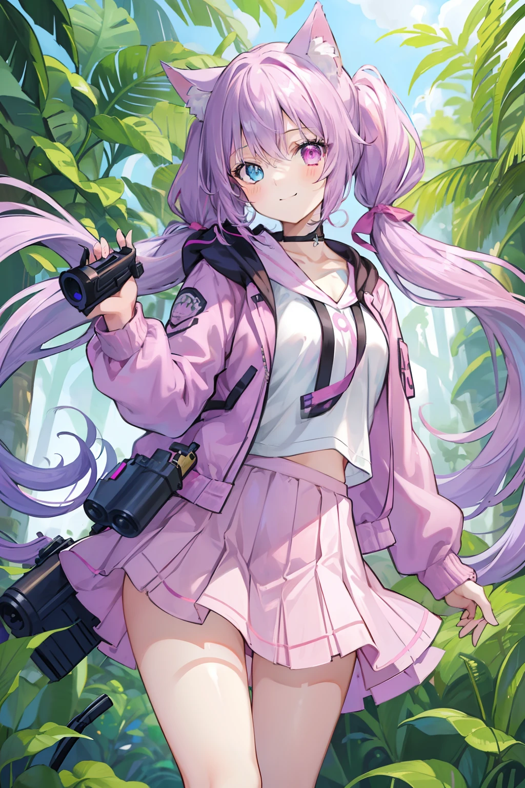 masterpiece, best quality, 1girl, solo, ((light purple hair)), long hair, twintails, Heterochromia, ((pink right eye)), ((light blue left eye)), a cat ears, in the jungle, ((holding a gun)), confident, smile, jacket, skirt