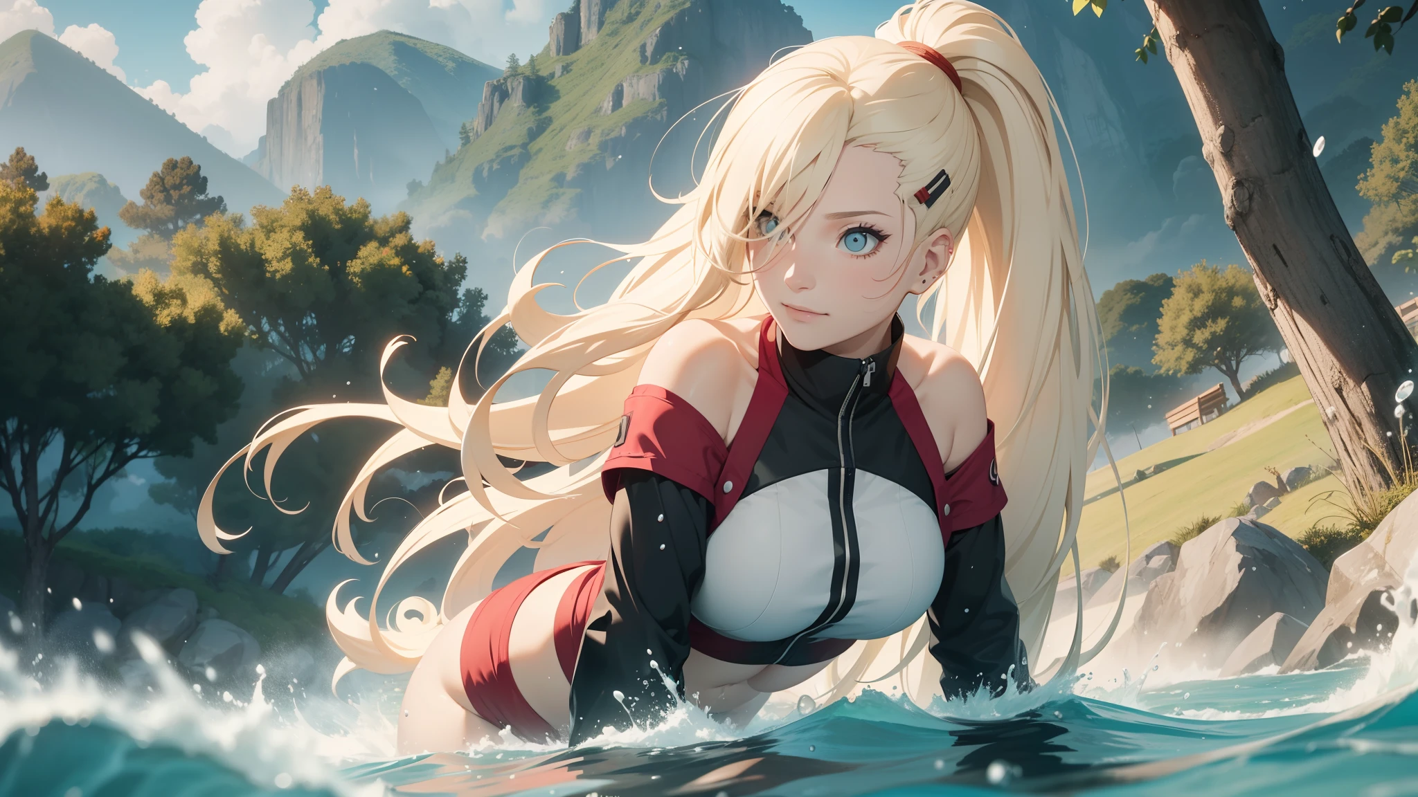 "the Extremely Detailed CG Unity 8K Wallpapers,tmasterpiece,Best picture quality,【😊Colored Forest,depth of fields,Lots of splashing droplets:1.2,petals,Toys surround,ventania,Foliage,grassy fields,volumettic light】blond hairbl,Be red in the face,ssmile,Half of your body is in water,naruto,Ino,Off-the-shoulder attire,bangs cover one eye,fat,looks into camera,sea beach,swim wears,clouds,sandbeach,