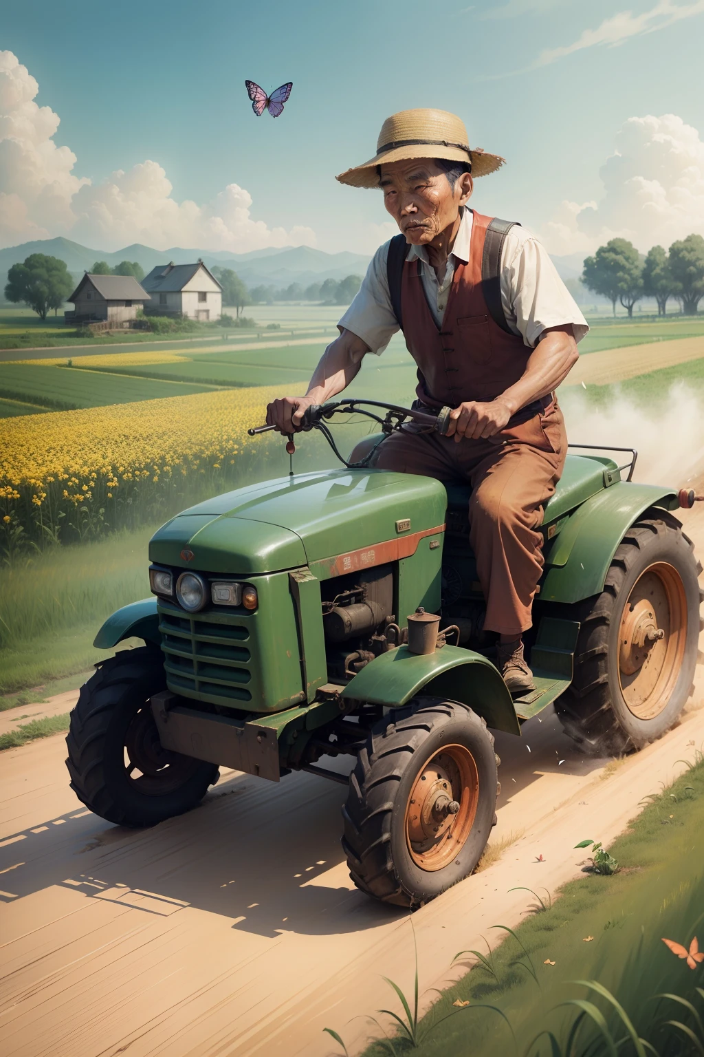 An old Chinese farmer，Work with a tractor in Tanaka，Butterflies flutter beside them