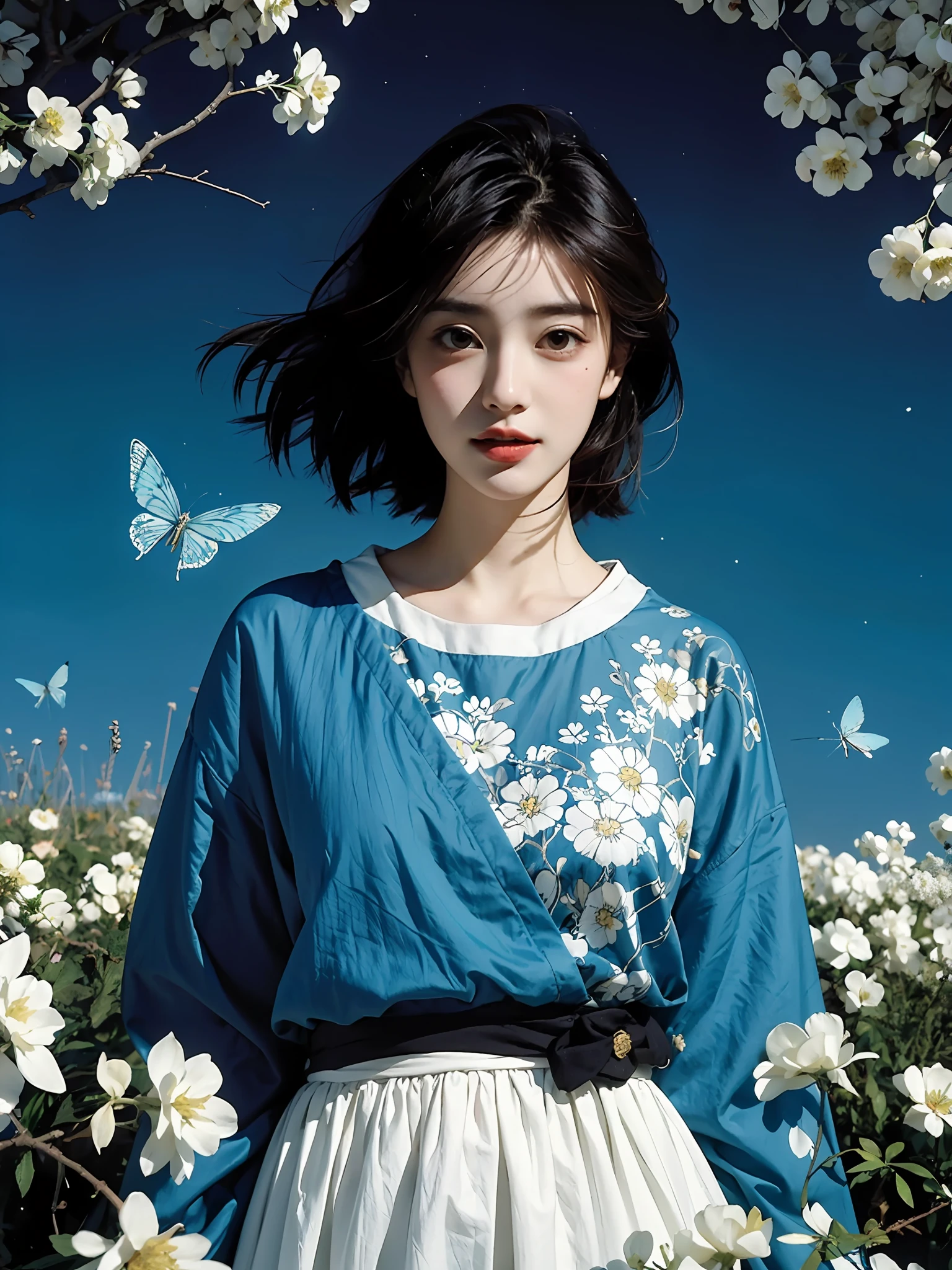 abstract art, (style of Yuko Shimizu:1.3), (blue theme:1.1), gold theme, golden butterflies, dark stars, 1girl, field of white flowers, , facing viewer ,1 girl,Fashion Style,newspaper