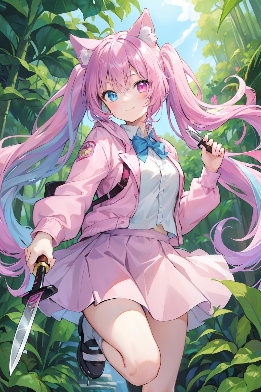 masterpiece, best quality, 1girl, solo, light purple hair, long hair, twintails, Heterochromia, ((pink right eye)), ((light blue left eye)), a cat ears, in the jungle, ((jumping in the air)), ((holding a knife in both hands)), confident, smile, jacket, skirt