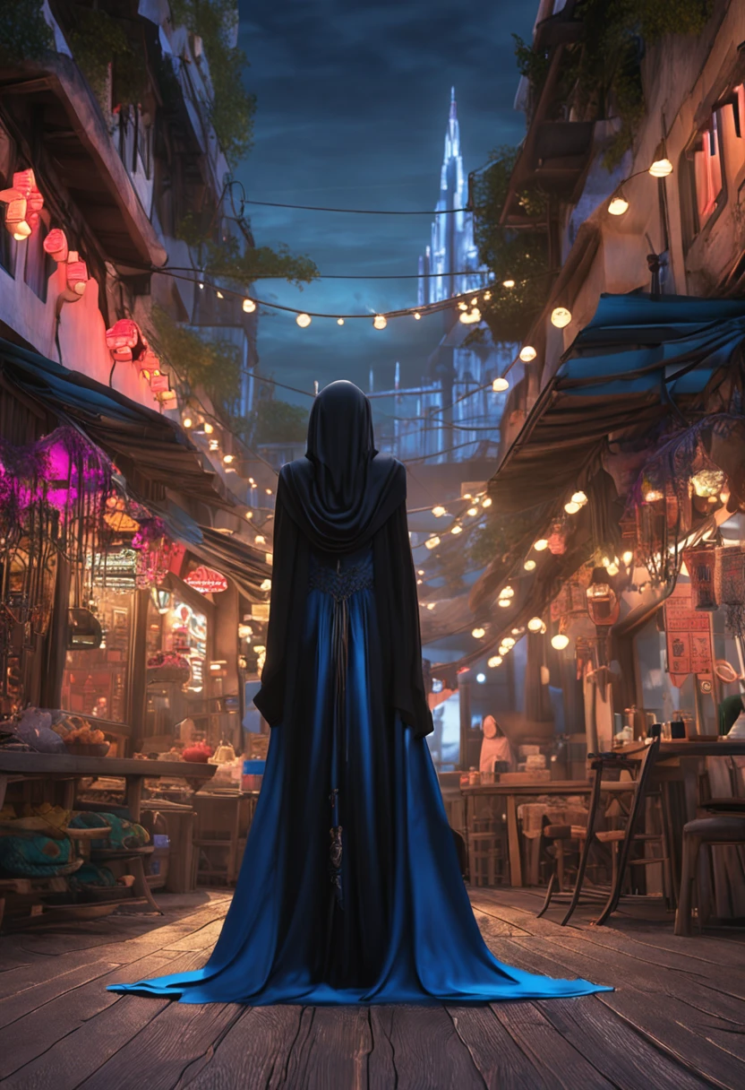 ((eventide, Need, 8k)), full bodyesbian, Long legs, Focalors:1.2, perfect figure beautiful woman:1.4, Slim abs:1.1, ((blue long hair, huge tit:1.2 )), (Black nun dress, standing on your feet:1.2), ((Night view of the island, deck:1.3)), Highly detailed facial and skin texture, 詳細な目, 二重まぶた,Holes in clothes in the thighs