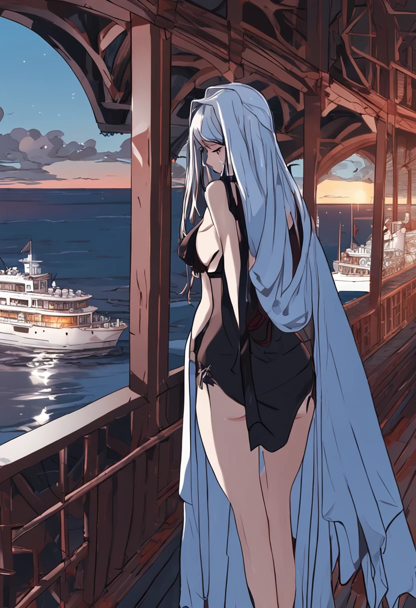 ((eventide, Need, 8k)), full bodyesbian, Long legs, Focalors:1.2, perfect figure beautiful woman:1.4, Slim abs:1.1, ((blue long hair, huge tit:1.2 )), (Black nun dress, standing on your feet:1.2), ((Night view of the island, deck:1.3)), Highly detailed facial and skin texture, 詳細な目, 二重まぶた，Holes in clothes in the thighs