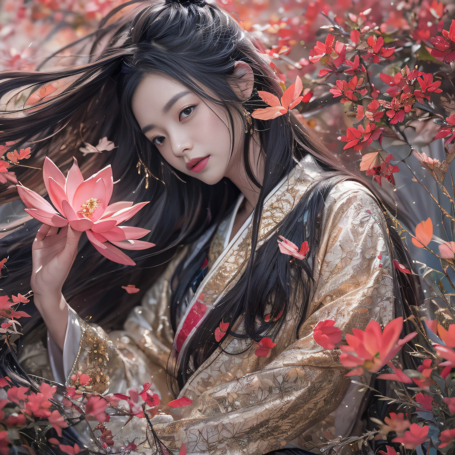 32K（tmasterpiece，k hd，hyper HD，32K）Long flowing black hair，ponds，zydink， a color，  Xuzhou people （Slightly drunk girls）， （Silk scarf）， Combat posture， looking at the ground， long whitr hair， Floating hair， Carp pattern headdress， Chinese long-sleeved clothing， （Abstract gouache splash：1.2）， Pink petal background，Pink and white lotus flowers fly（realisticlying：1.4），Black color hair，Fallen leaves flutter，The background is pure， A high resolution， the detail， RAW photogr， Sharp Re， Nikon D850 Film Stock Photo by Jefferies Lee 4 Kodak Portra 400 Camera F1.6 shots, Rich colors, ultra-realistic vivid textures, Dramatic lighting, Unreal Engine Art Station Trend, cinestir 800，Long flowing black hair，see-through transparent clothes