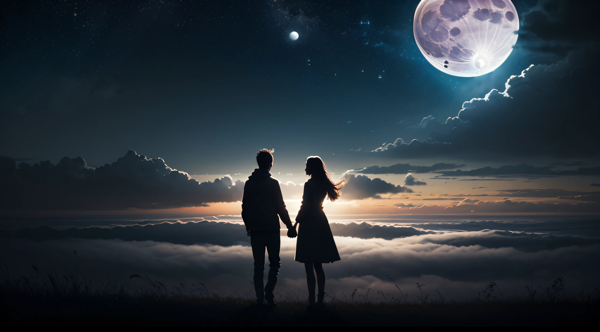 (Under a huge moonlight:1.5), A couple holding hands, Many starlight, (ultra-detailed:1.5), 32k, cinematic angle, floating, (detailed light), beautifully detailed sky, starry sky, (lighting particle), fog, snow, (painting), (sketch), lifelike texture, Hires upscale: 1.7, Hires upscaler: 4x_NMKD-Siax_200k, Denoising strength: 0.45, (illustration), cinematic lighting, (bloom), Luminism, silhouette