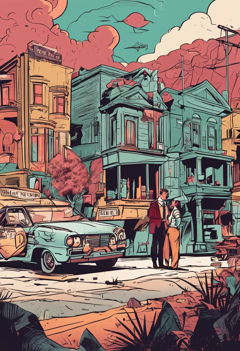 Comic style,A man and a woman talk,full bodyesbian