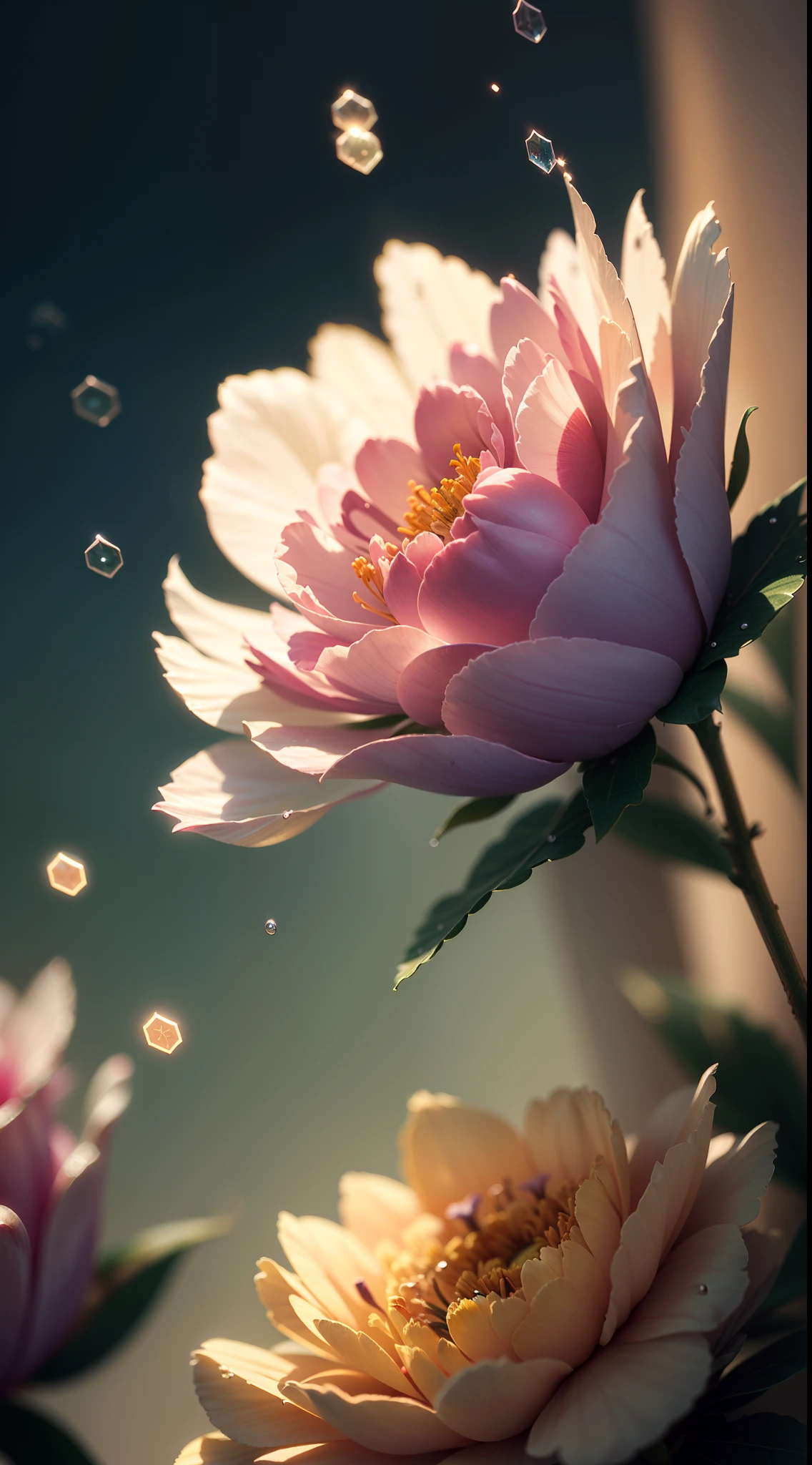 Divinely beautiful microscopic world , Masterpiece , Macro photography , cobweb close up, film grain, chromatic aberration, neon bokeh , smoke , highly detailed, Bright sunny weather, microflowers, drops, blur, Peonies