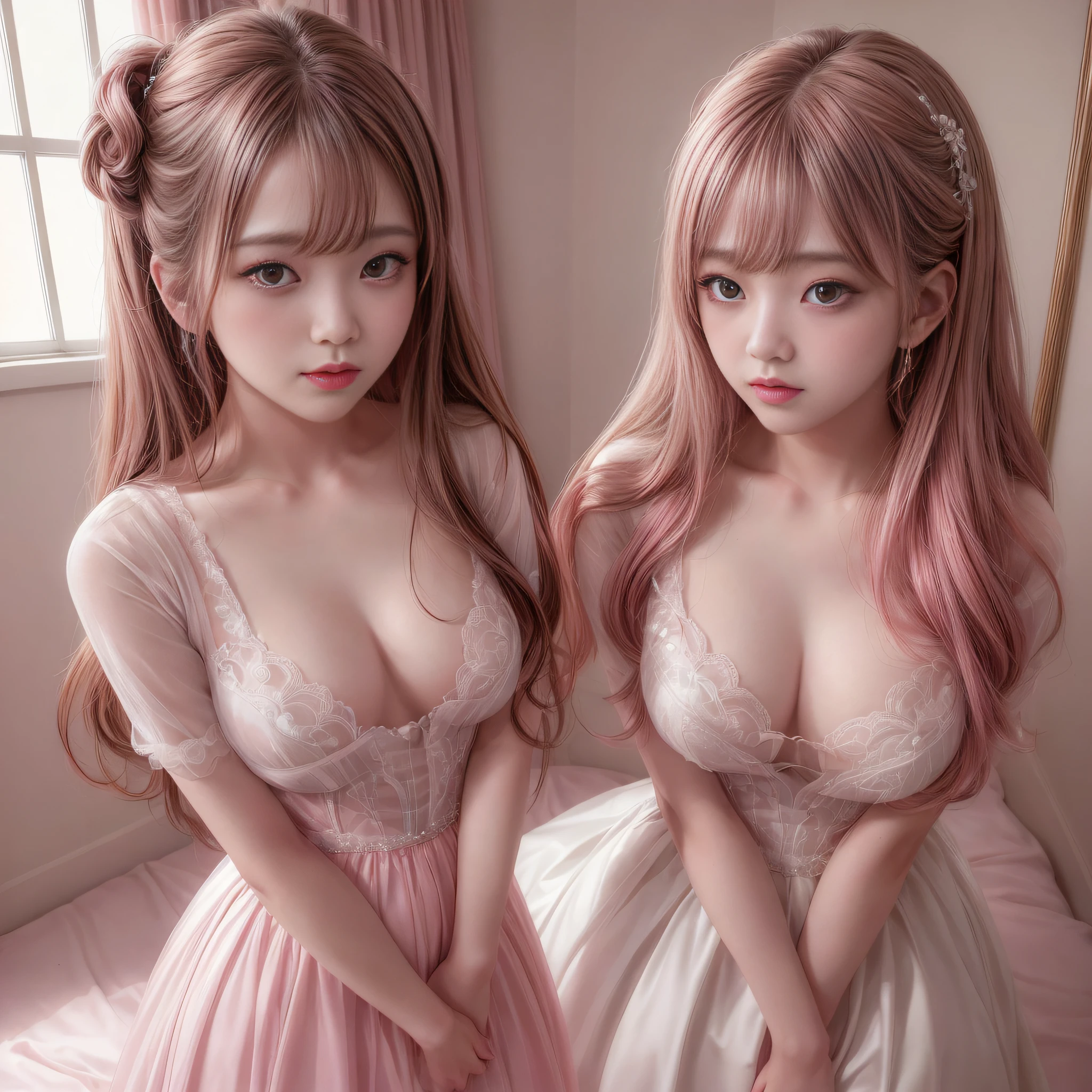 Bridal wedding celebration of good quality， tmasterpiece， A high resolution， Girls  costumes，realisticlying，Pink room edge lighting，twotonelighting，（highdetailskin：1.2），8K high-definition，gentle illumination，high high quality，The upper part of the body, Plump breasts, Flowing transparent hair Beautiful skin