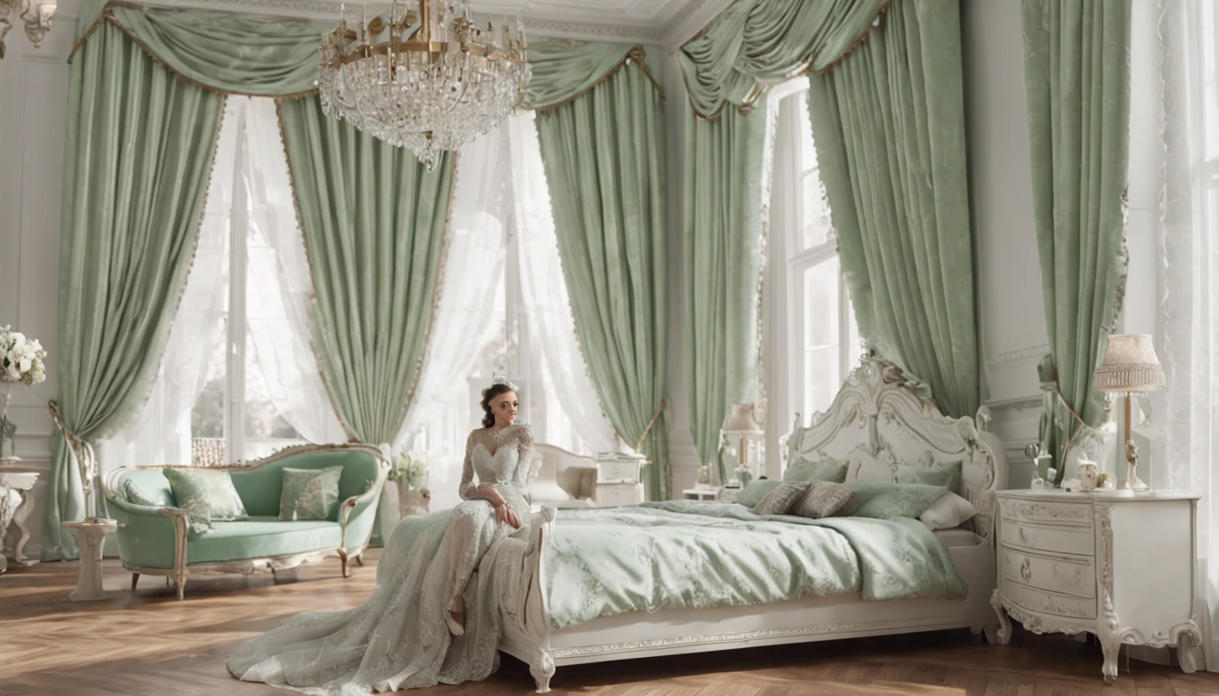 (professional 3d rendering:1.5), world's best artwork, ((full interior for luxury royal bedroom, neoclassicism, light green tones)), 8k, very light good, realistic photo, (Very detailed:1.1), Sharp focus, (Studio light, movie light), art station, (masterpiece:1.5), best quality, super detail, high detail, futurism, wide-angle, 50mm, f/1.8, cannon