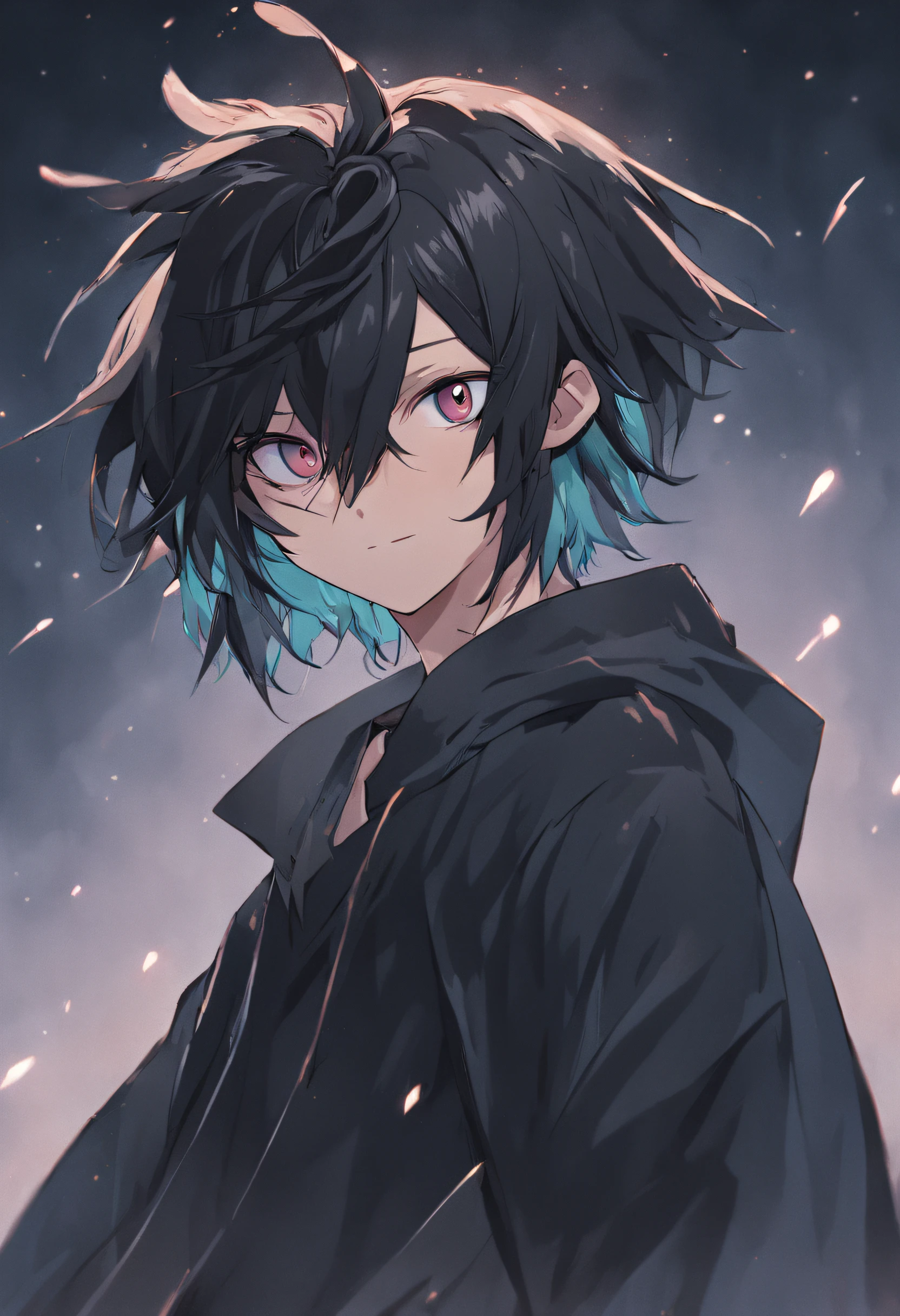 a boy, 20 years old, Dark clothing, with a party mask in hand, gradient hair, ahoge, asymmetrical hair, bangs, black hair, hair behind ear, sidelocks, hair spread out, hair strand, antenna hair, mask removed, gradient eyes, devil pupils, light smile, tachi-e, cowboy shot, from side, retina, textured skin, anatomically correct, anatomically correct，full bodyesbian