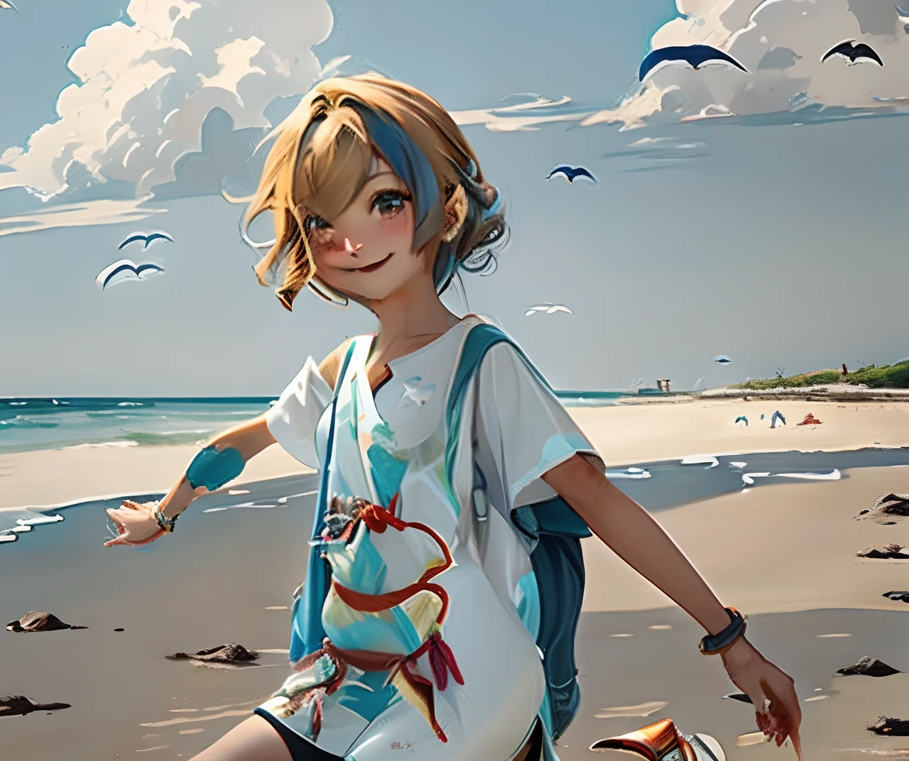 Masterpiece, Best quality,1girll,Sexy woman, Brown eyes, Happy smile, Shiny skin,(nice leg line:1.3), Thin waist, Huge breasts, Break, beach, hands at side, BREAK inside water , Walking. Depth of field, view the viewer, From the front side, Upper body, Long_Hair, Wavy_Hair, Barefoot, Loose dress,