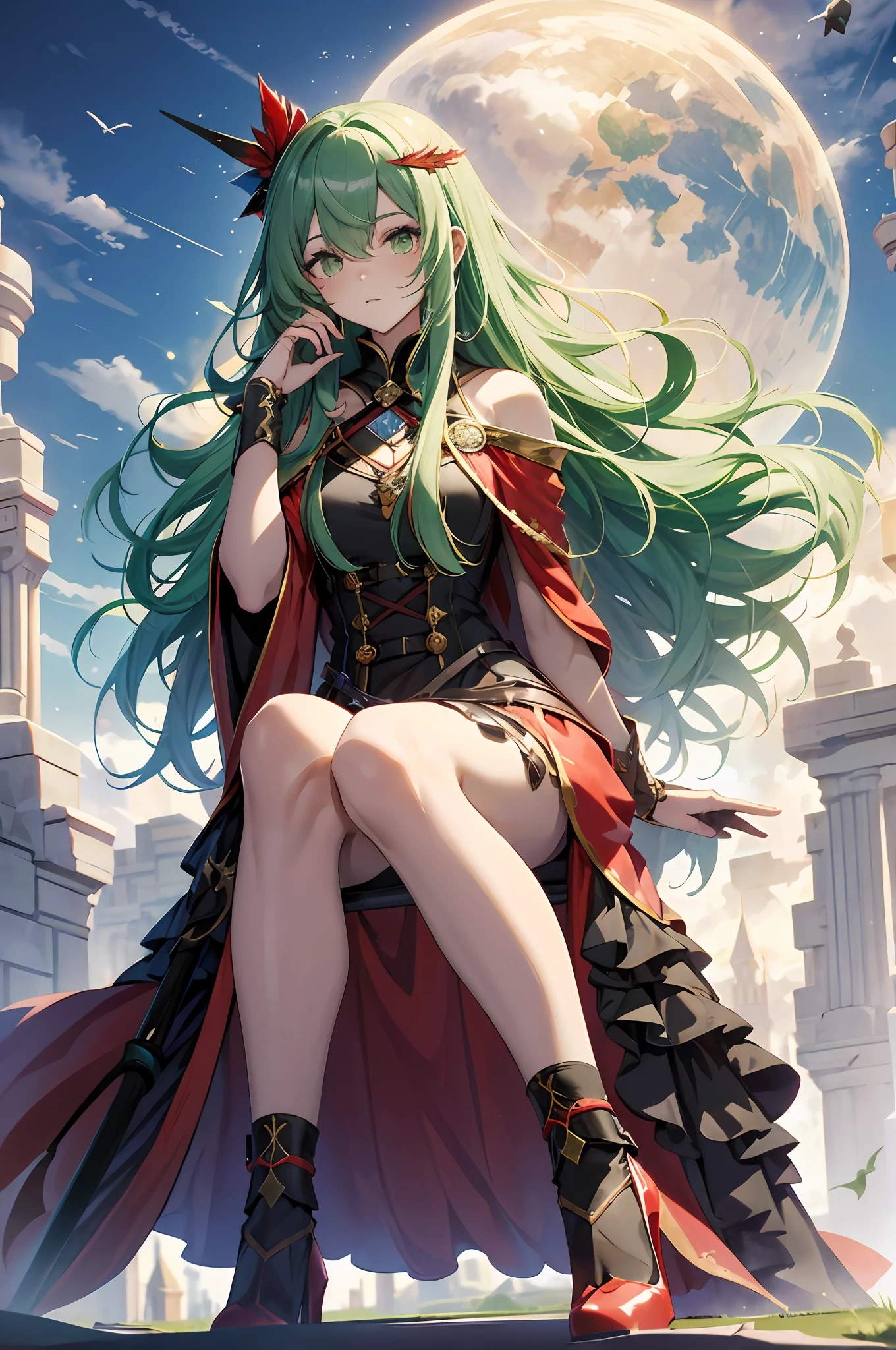 best qualityer，tmasterpiece，Ultimate resolution，downy，Extremely colorful，Colorful，Skysky，hilltop，（Red magic robe long dress），Long flowing green hair，The Witch，a matural female，（red high heel pumps），Sit on a magical broom，flight，Normal posture