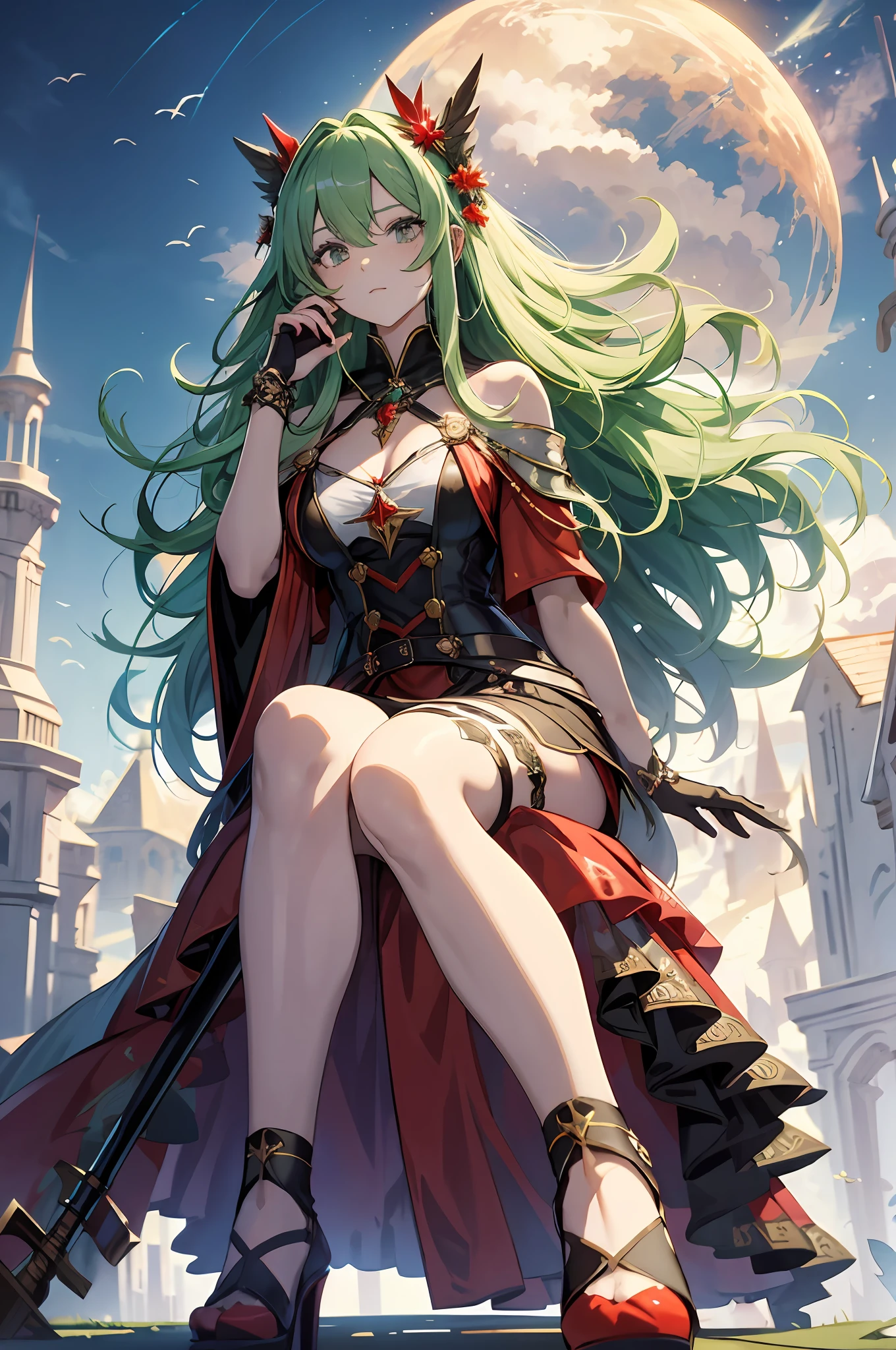 best qualityer，tmasterpiece，Ultimate resolution，downy，Extremely colorful，Colorful，Skysky，hilltop，（Red magic robe long dress），Long flowing green hair，The Witch，a matural female，（red high heel pumps），Sit on a magical broom，flight，Normal posture