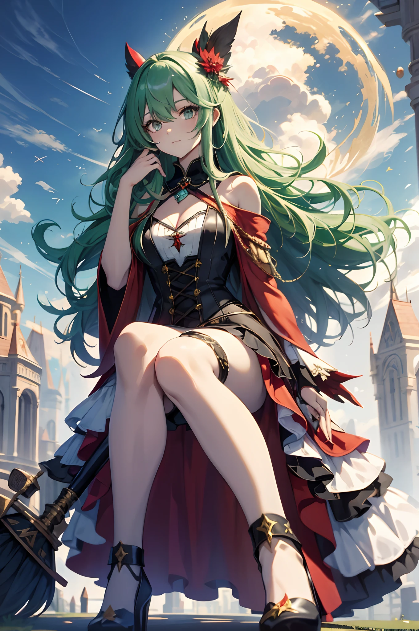 best qualityer,tmasterpiece,Ultimate resolution,downy,Extremely colorful,Colorful,Skysky,hilltop,(Red magic robe long dress),Long flowing green hair,The Witch,a matural female,(red high heel pumps),Sit on a magical broom,flight,Normal posture