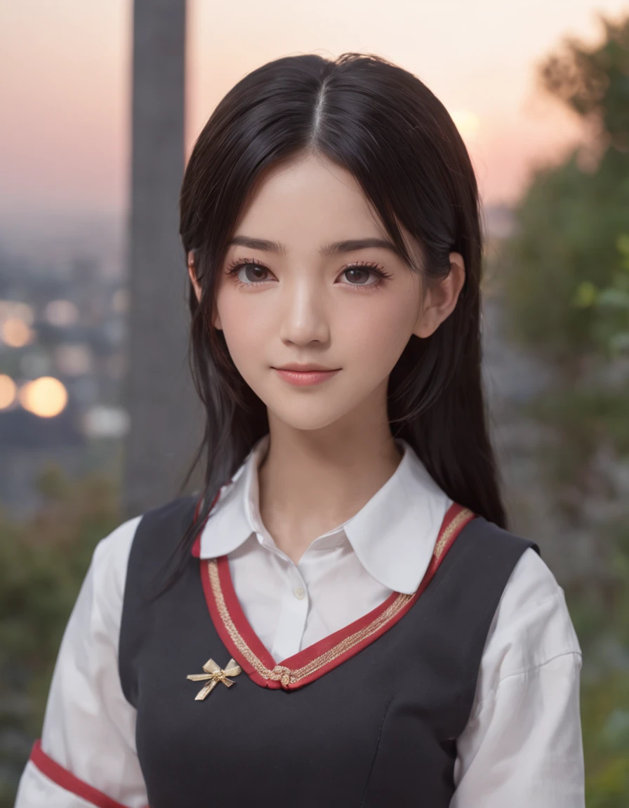 One girl,tsukino_mito,glossy black hair,black eyebrows,long eyelashes,beautiful starry shining eyes,healthy red cheeks,bright smile,mouth open,wearing school uniform,hands folded behind her back,beautiful gradient dusk,standing,viewpoint,highest quality,anaglyph,stereogram,atmospheric perspective,8K,super detail