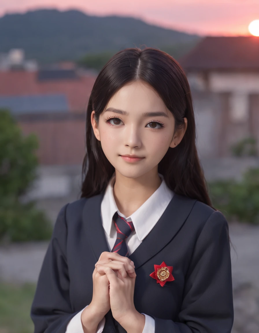 One girl,tsukino_mito,glossy black hair,black eyebrows,long eyelashes,beautiful starry shining eyes,healthy red cheeks,bright smile,mouth open,wearing school uniform,hands folded behind her back,beautiful gradient dusk,standing,viewpoint,highest quality,anaglyph,stereogram,atmospheric perspective,8K,super detail