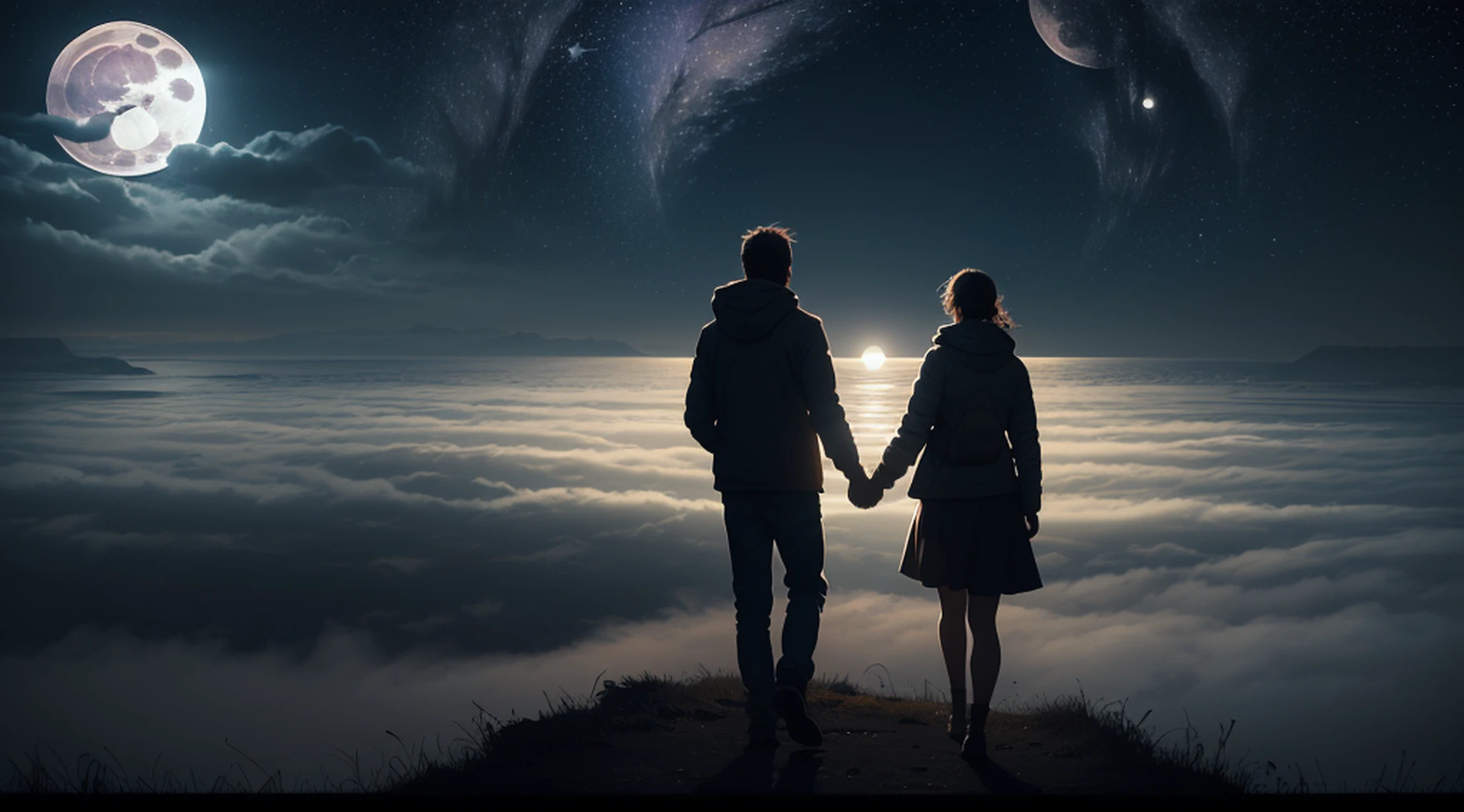(Under a huge moonlight:1.5), A couple holding hands, Many starlight, (ultra-detailed:1.5), 32k, cinematic angle, floating, (detailed light), beautifully detailed sky, starry sky, (lighting particle), fog, snow, (painting), (sketch), lifelike texture, Hires upscale: 1.7, Hires upscaler: 4x_NMKD-Siax_200k, Denoising strength: 0.45, (illustration), cinematic lighting, (bloom), Luminism, silhouette