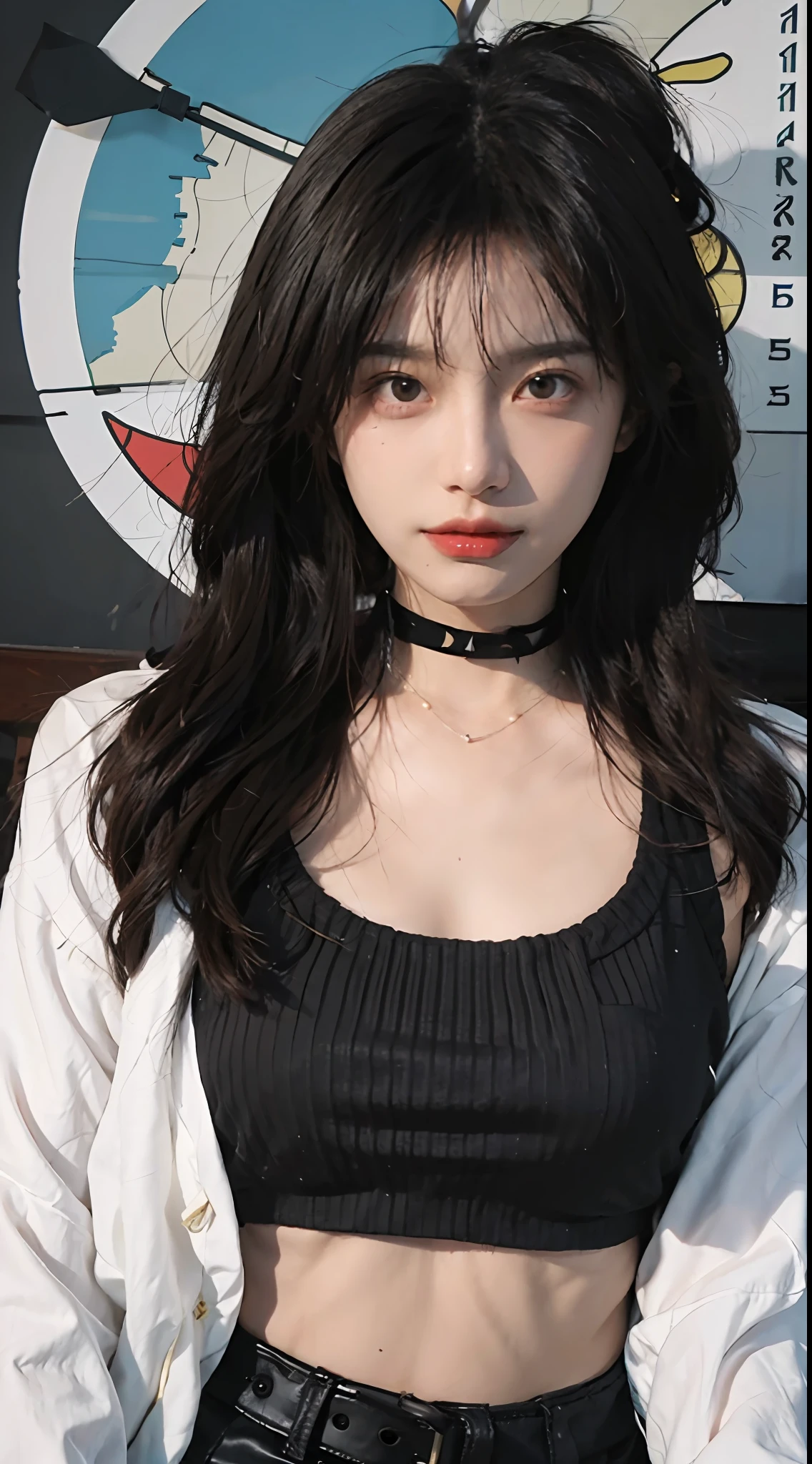 best qualtiy, 超高分辨率, (realisticlying:1.4),cute hairpin,1girll,Red long-haired,Cropped black sweater ,Beautiful woman with a slim figure:1.4, Pronounced abs:1.4, On the island,Ultra-fine face,Elaborate Eyes,二重まぶた,choker necklace