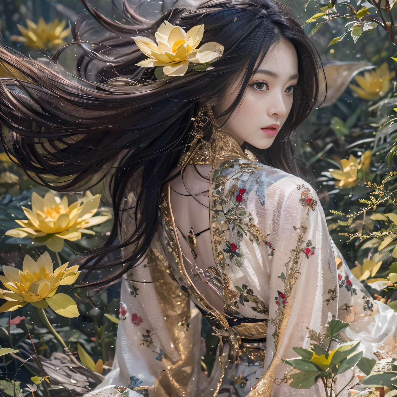 32K（tmasterpiece，k hd，hyper HD，32K）Long flowing black hair，ponds，zydink， a color，  Xuzhou people （Sexy girl nipple）， （Yellow-green silk scarf）， Combat posture， looking at the ground， long whitr hair， Floating hair， Carp pattern headdress， Chinese long-sleeved cheongsam， （Abstract gouache splash：1.2）， Pink petal background，Pink and white lotus flowers fly（realisticlying：1.4），Black color hair，Fallen leaves flutter，The background is pure， A high resolution， the detail， RAW photogr， Sharp Re， Nikon D850 Film Stock Photo by Jefferies Lee 4 Kodak Portra 400 Camera F1.6 shots, Rich colors, ultra-realistic vivid textures, Dramatic lighting, Unreal Engine Art Station Trend, cinestir 800，Long flowing black hair，see-through transparent clothes